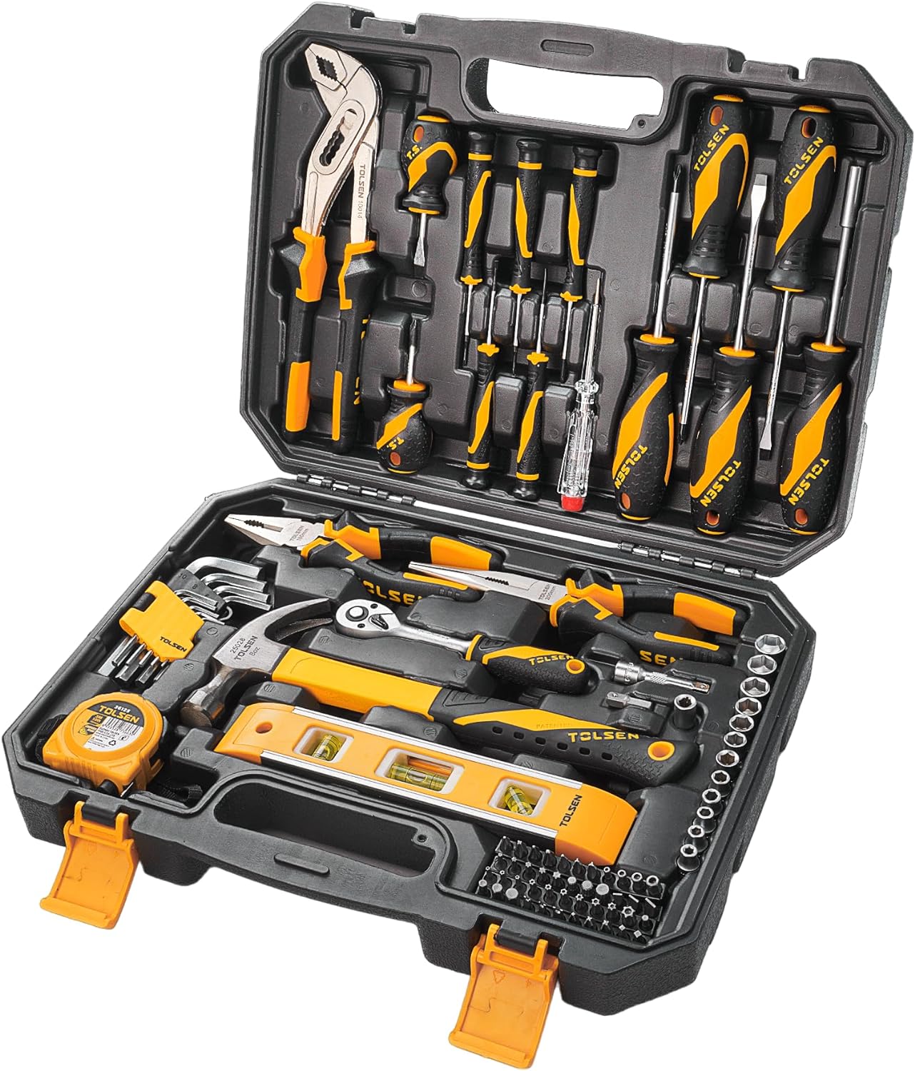 TOLSEN 89-Piece Tool Set Household Tool Kit, Hammer Screwdrivers Set, Tool Kit with Drill Bits, Socket Wrench Set, Hex Key Set, Tape Measure, with Plastic Toolbox Storage Case