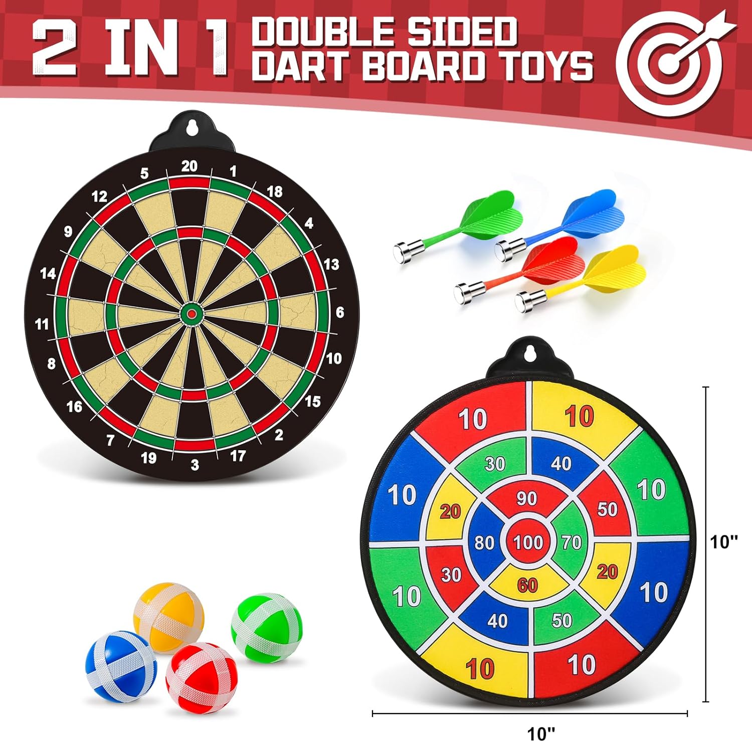 2 in 1 Magnetic Dart Board, Kids Double-Sided Dart Board with 12 Magnetic Darts and 12 Sticky Balls, Indoor Travel Outdoor Party Games Toys Gifts for 5 6 7 8 9 10 11 12 Year Old Boys Kids and Adult