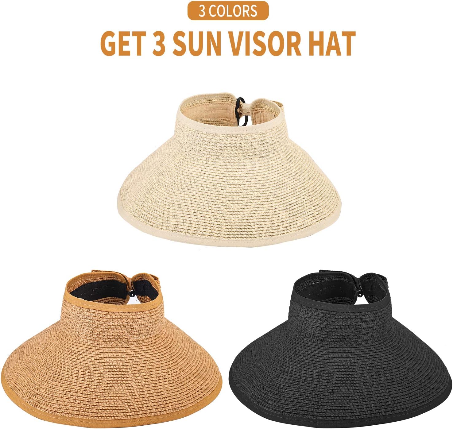 3PCS Foldable Straw Sun Visor Hats for Women, Wide Brim Ponytail Summer Beach Hat, Protect Your Skin Easily