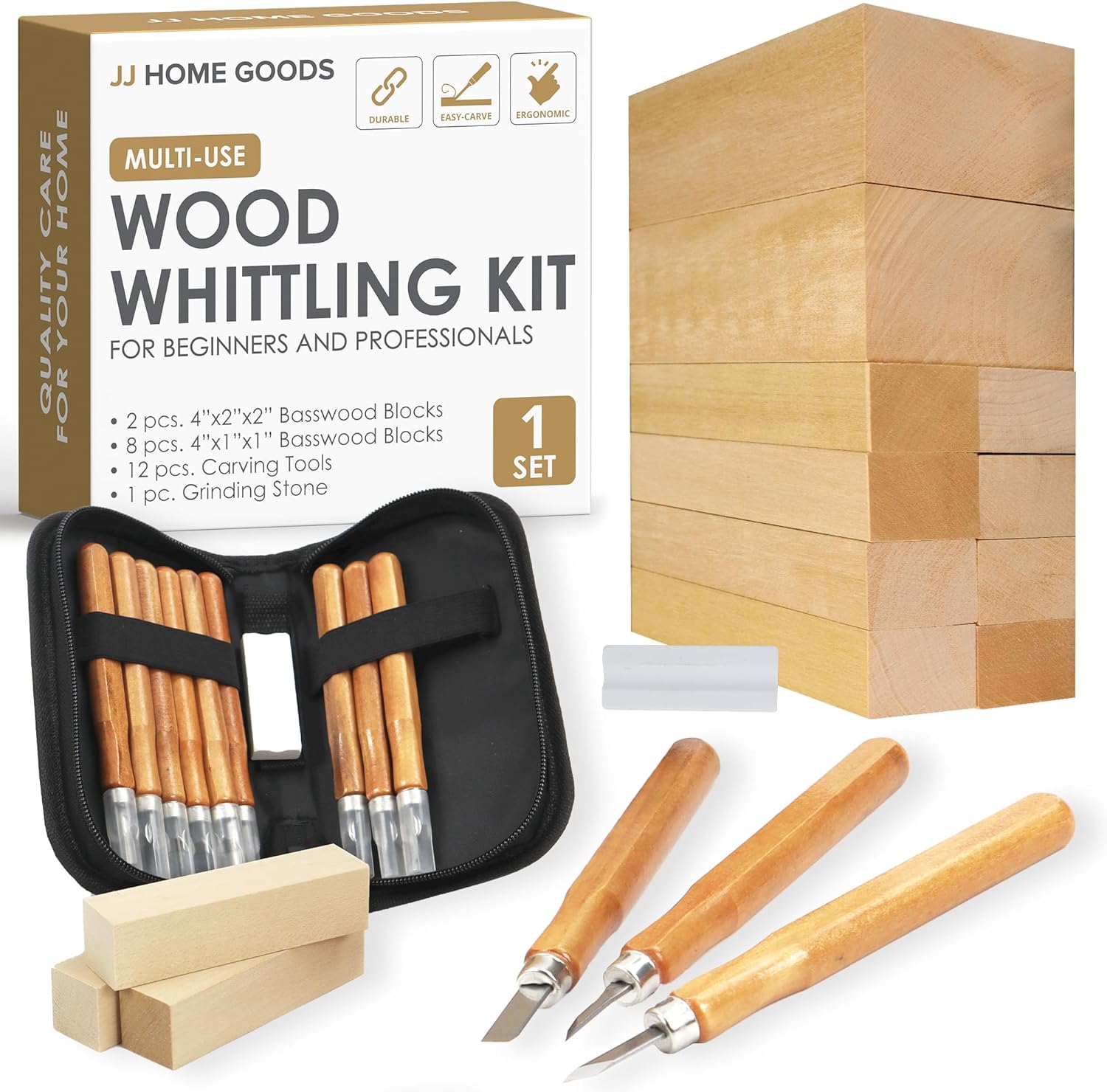 JJ CARE Wood Carving Kit [12 SK2 Wood Carving Knives with Case, 10 Basswood Carving Blocks, and 1 Grinding Stone] - Beginner Wood Carving Kit, Wood Carving Tools Set, Wood Carving Set for Kids