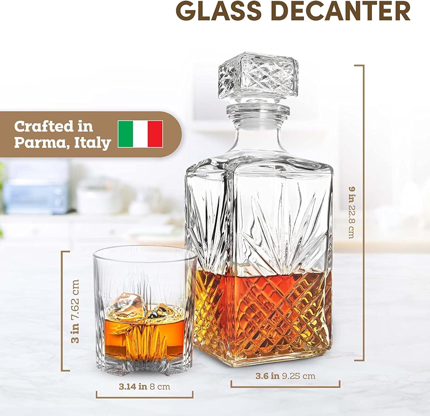 Bormioli Rocco Selecta Collection Whiskey Decanter – Sophisticated 33.75oz Diamond Decanter With Starburst Detailing – For Whiskey, Bourbon, Scotch & Liquor