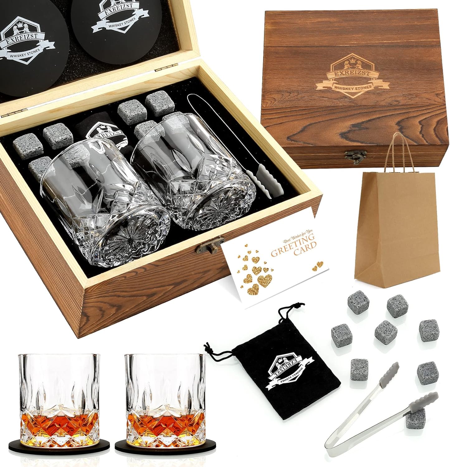 Whiskey Stones Gift Set - Whiskey Glass Set of 2 - Granite Chilling Whiskey Rocks - Scotch Bourbon Box Set - Father's Day Drinking Gifts for Men Dad Him Husband Birthday Party Holiday Present