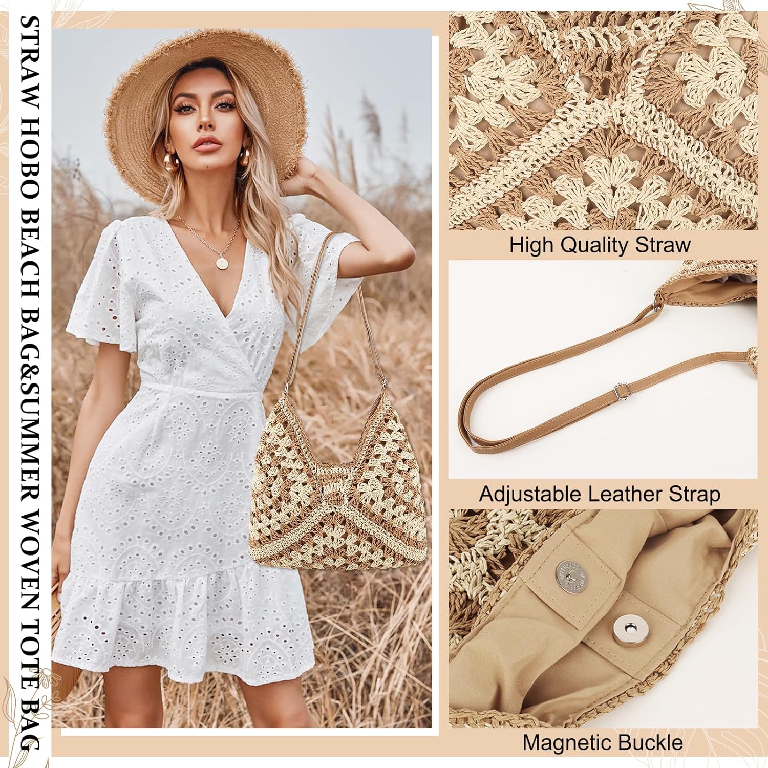 Straw Hobo Beach Bag for Women Girls, Woven Tote Bag Summer Crochet Shoulder Bag,Vintage Foldable Handbag for Travel