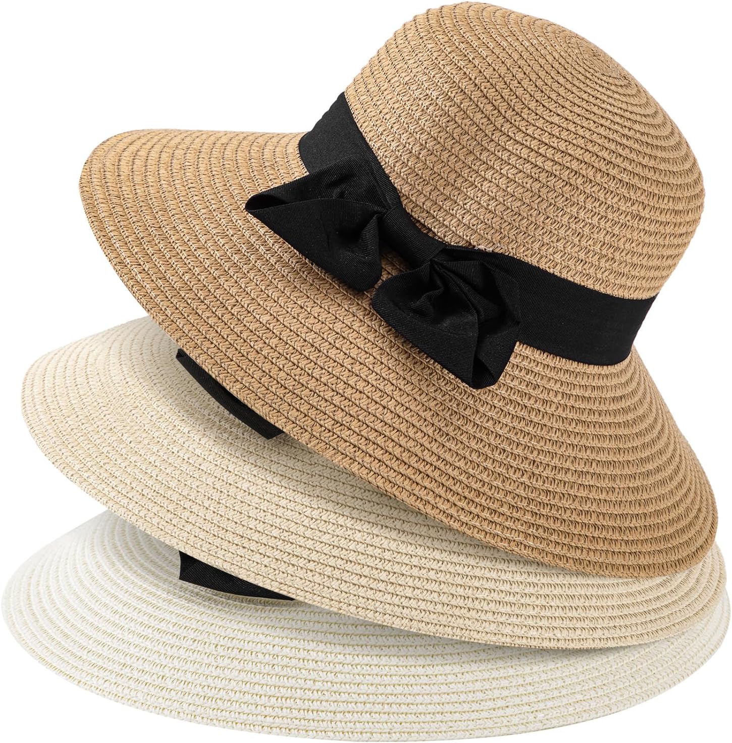 3PCS Sun Hat Beach Straw Hat for Women Wide Brim Foldable Roll up Summer UPF 50+ Hat (Ivory+Brown+Beige)