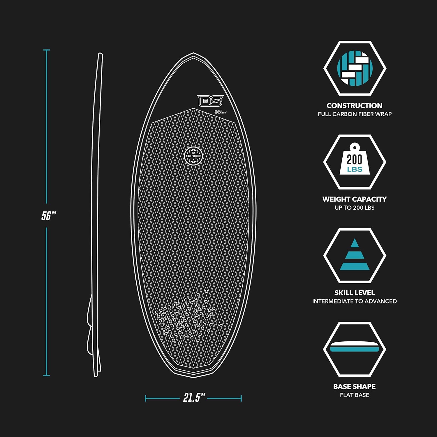 Driftsun Fifty50 Wakesurf Board - 4' 9" Carbon Fiber Skim Style Wake Surfboard, Fins Included