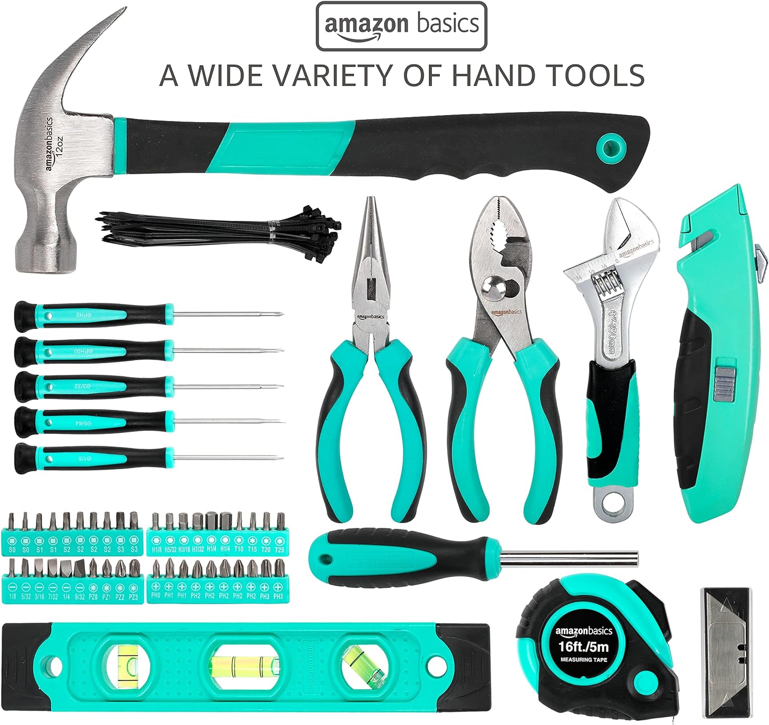 Amazon Basics Tool Set With Easy Carrying Round Pouch, 104-Piece, Turquoise, 14.4 x 11.4 x 3 inches