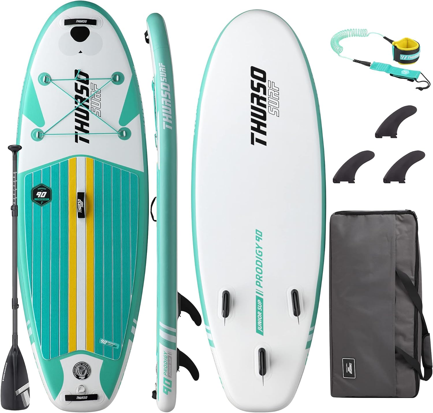 THURSO SURF Prodigy Junior Kids Inflatable SUP Stand Up Paddle Board 7'6 x 30'' x 4'' Two Layer Includes Adjustable Carbon Shaft Paddle/3 Fins/Leash/Duffle Bag/NO Pump Included