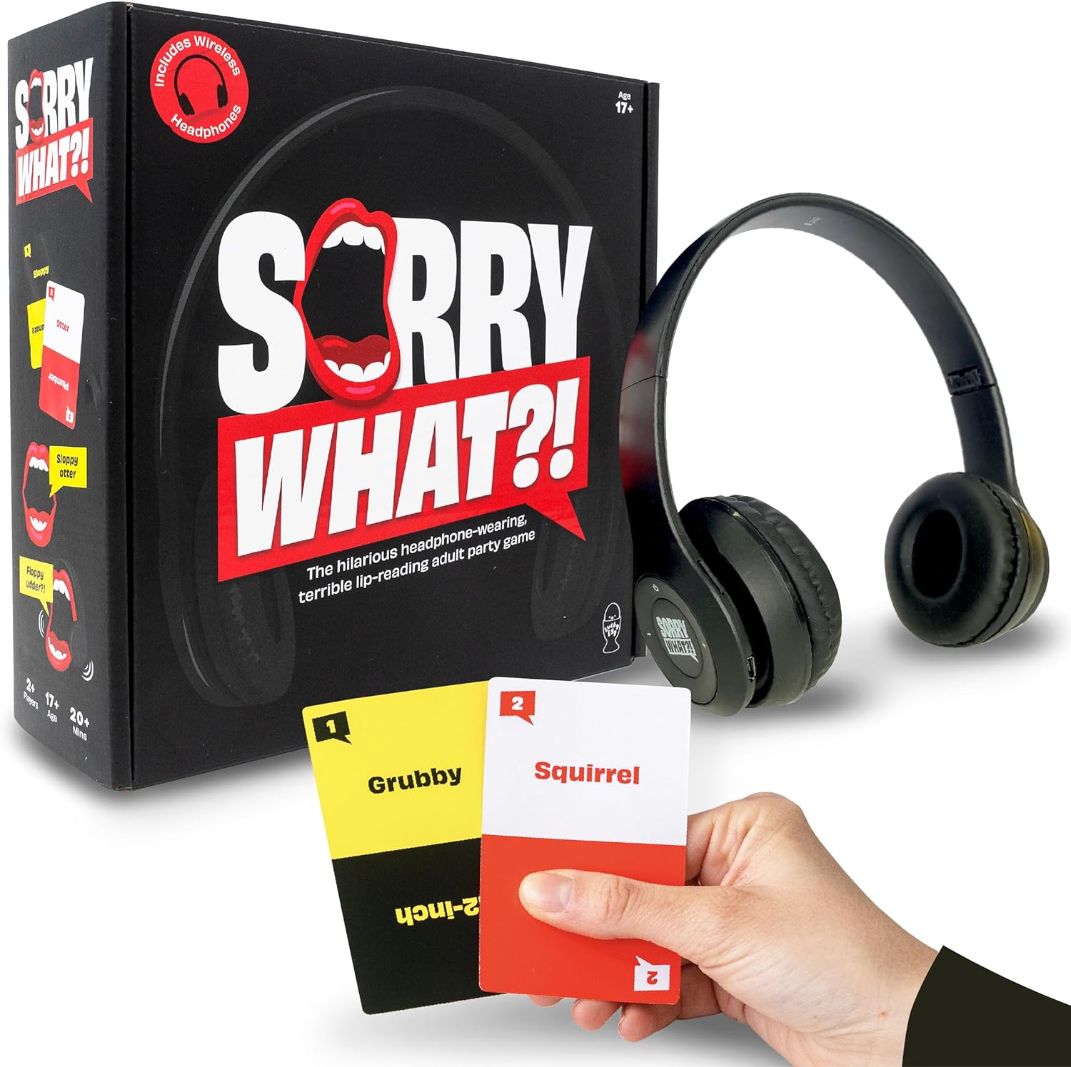 Sorry What - Hilarious Terrible Lip Reading Adult Party Game - Based On The Headphone Challenge TikTok Trend - 2+ Players 40,000 Funny Word Phrase Combinations - Card Game for Adults, Birthday Gifts