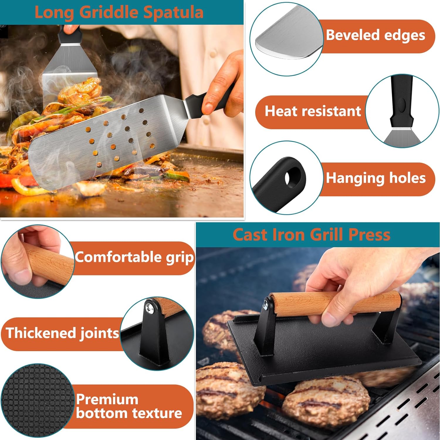 Blackstone Griddle Accessories Kit, 24pcs Flat Top Grill Accessories Kit for Camp Chef, Professional BBQ Grilling Accessories Set with Grill Press, Enlarged Spatula, and More Griddle Tools