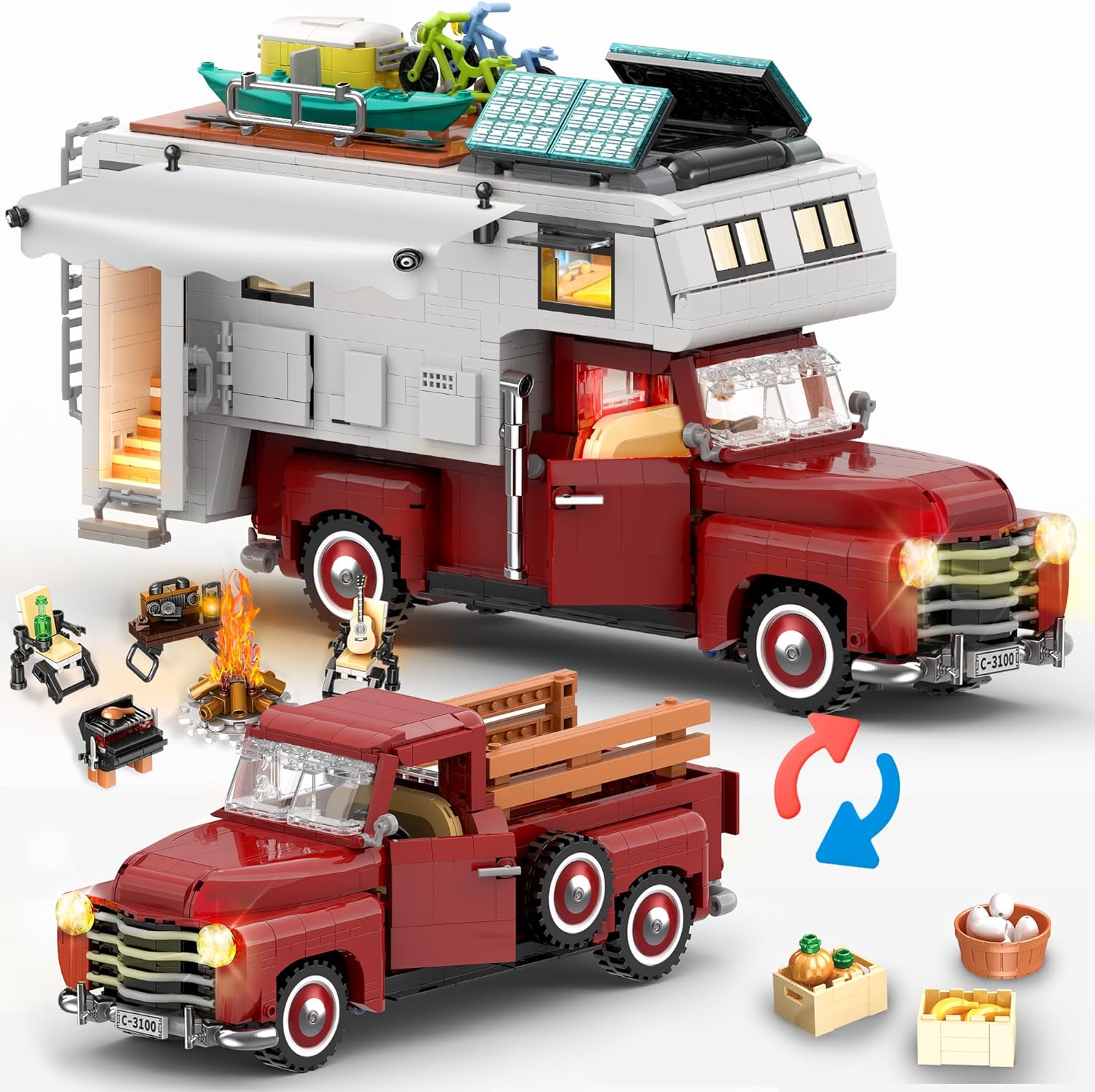 Car Building Block, 2-in-1 Camper Van Building and Farm Pickup Truck Building Set Toy forAdult and Teens, Retro Rvs Building Block Kit Set, 2188pcs