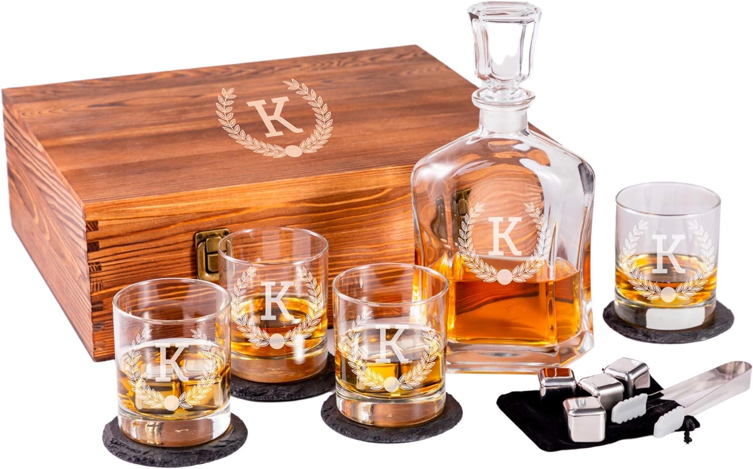 Engraved Liquor Whiskey Decanter Set with Scotch Glasses for Men - 9 Design Options - Personalized Gift Set for Him, Dad - Premium Set Includes Whiskey Stones - by Froolu