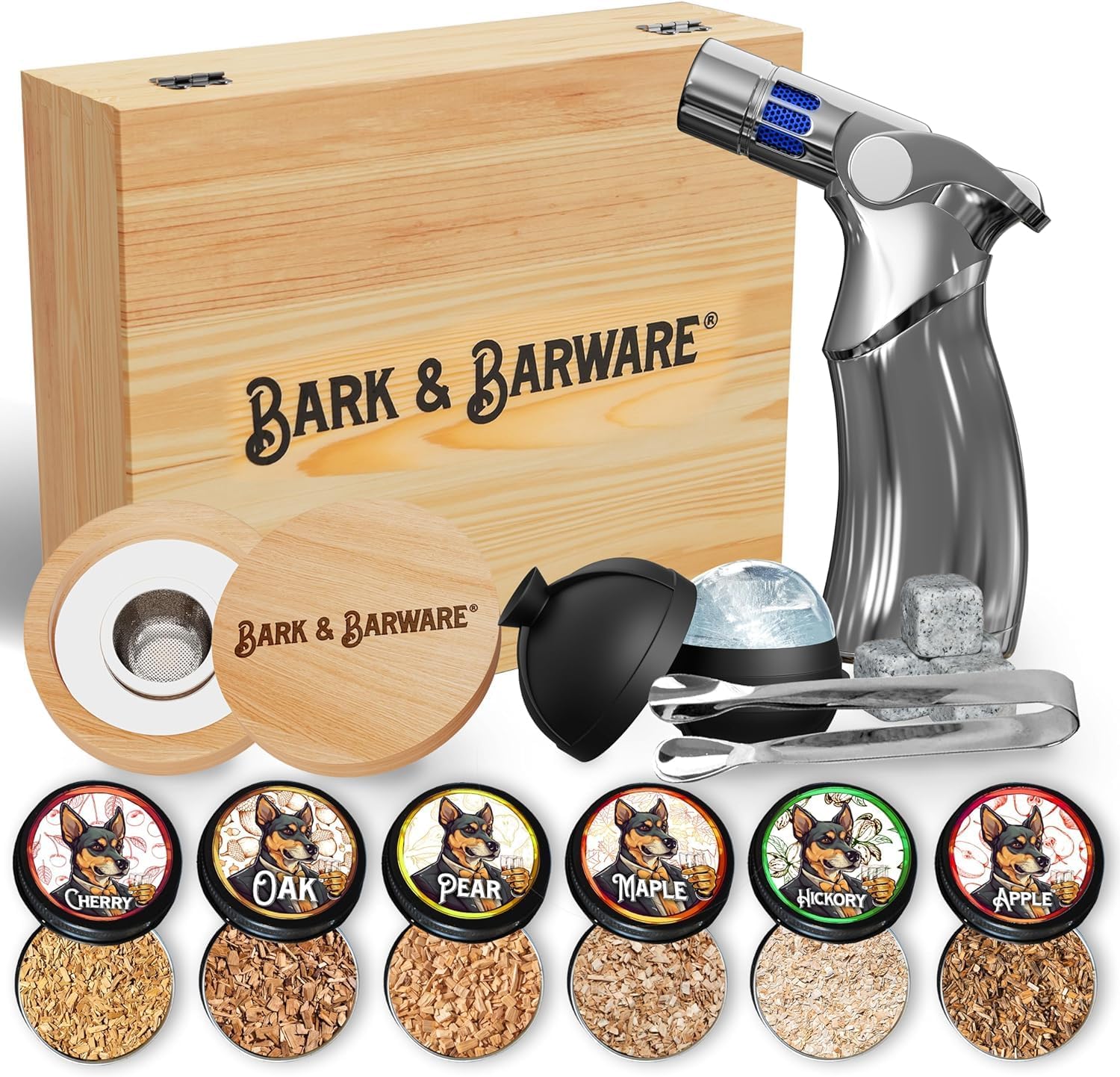 Bark & Barware Premium Cocktail Smoker Kit with Torch - Natural Wood Box, Silver Tools, 6 Flavors Wood Chips - Old Fashioned Bourbon Smoker Kit (no butane) Whiskey gifts for men - Whiskey Smoker Kit