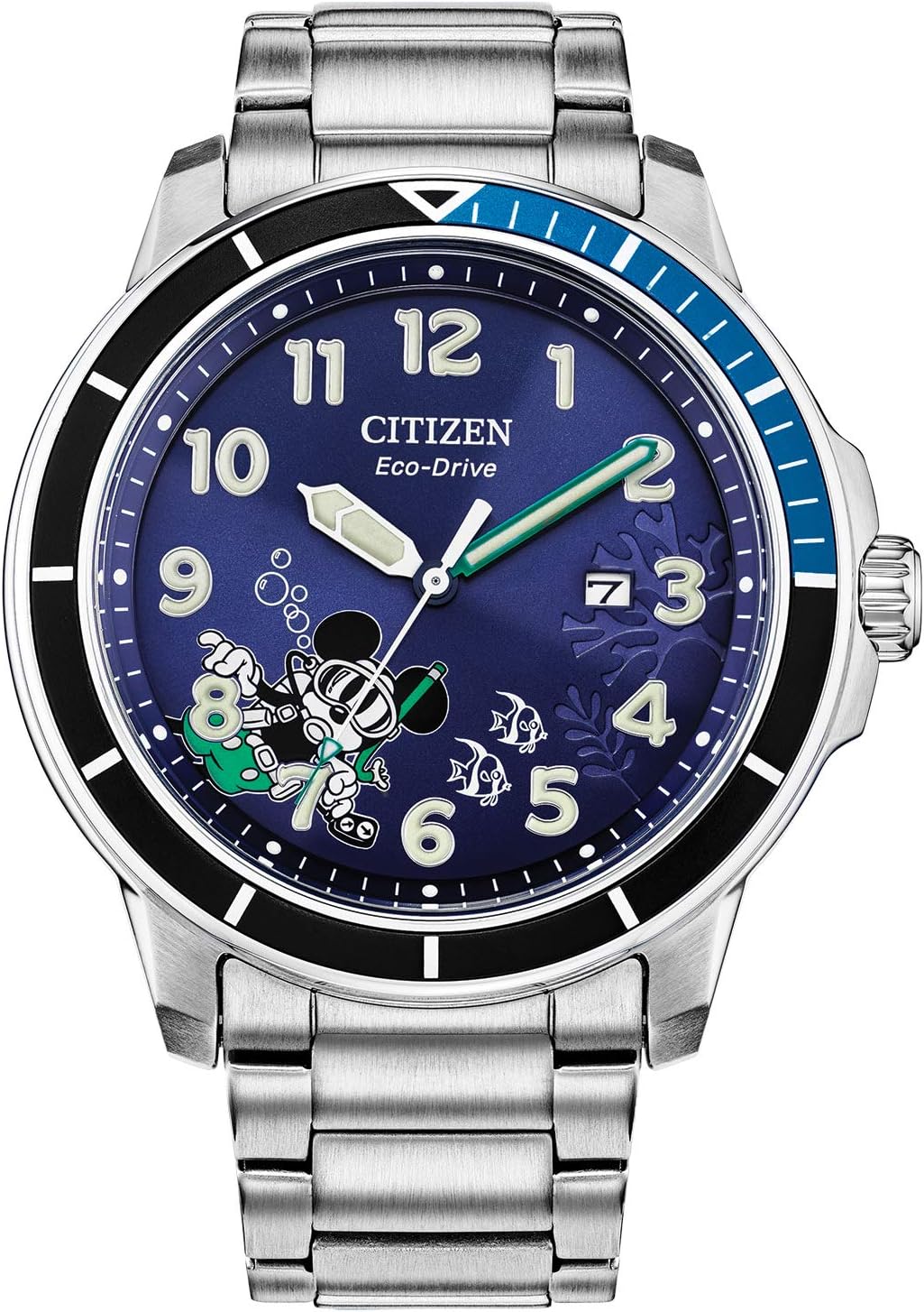 Citizen Men's Eco-Drive Disney Mickey Mouse Scuba Watch, Stainless Steel, Blue Dial, Luminous, 46mm (Model: AW1529-81W)