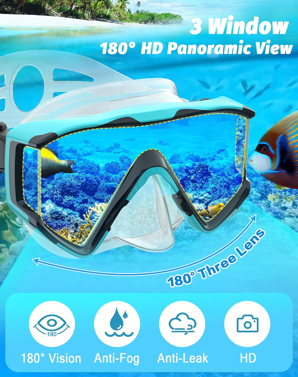 Greatever Snorkel Set Pano 3 Window Snorkel Mask Adult, Panoramic Wide View, Anti-Fog Scuba Diving Mask, Anti-Leak Snorkel Goggles Dry Top Snorkel, Professional Snorkeling Gear for Adults