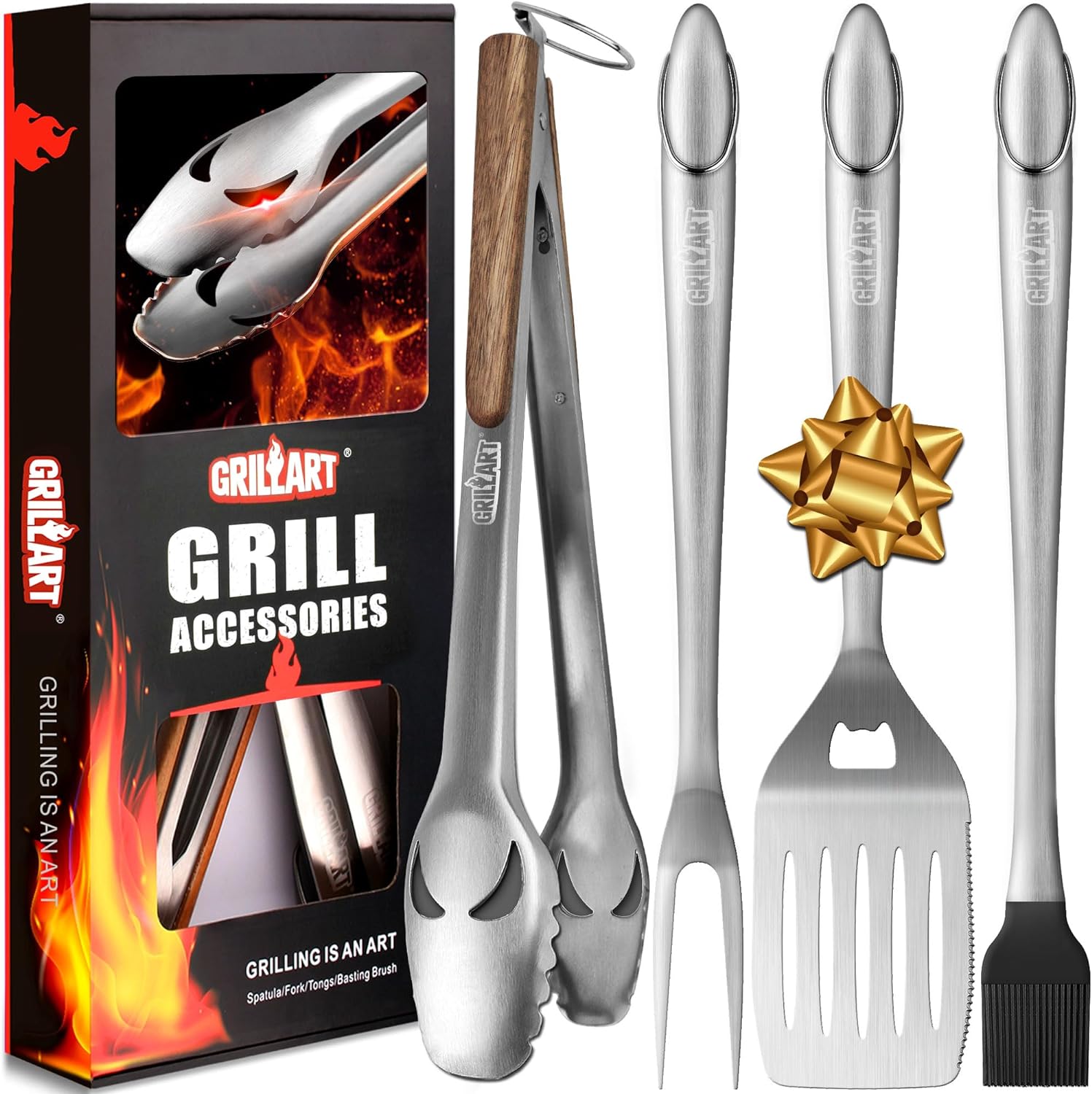 GRILLART BBQ Tools Grill Tools Set - 18Inch Grilling Tools BBQ Set - Grill Accessories w/BBQ Tongs, Spatula, Fork, Brush - Stainless Grill Kit Grilling Set - Gift Ideas BBQ Accessories, Gifts for Men