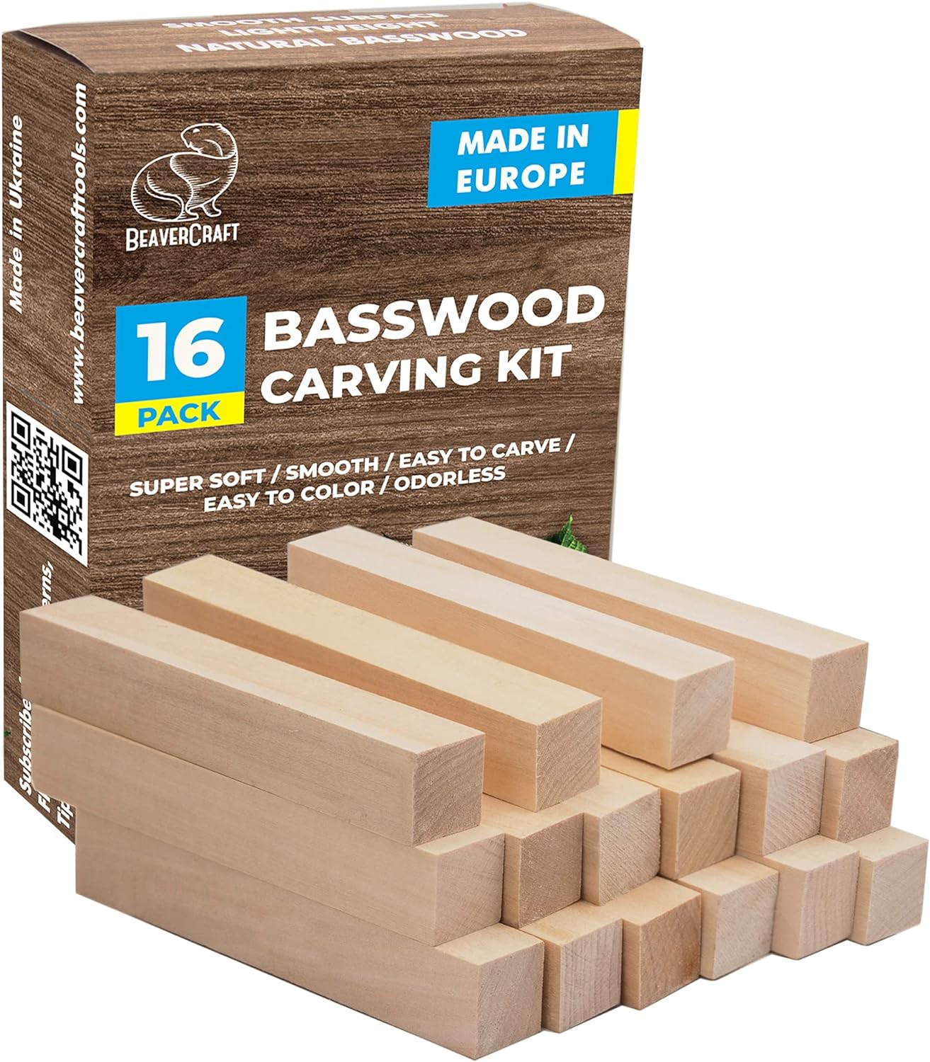 BeaverCraft BW16 pcs Basswood Carving Blocks Carving Wood Whittling Wood Bass to Carve Soft Wood Carving Kit for Beginners Block of Wood for Crafts Unfinished Wood Blocks Wooden Block Set