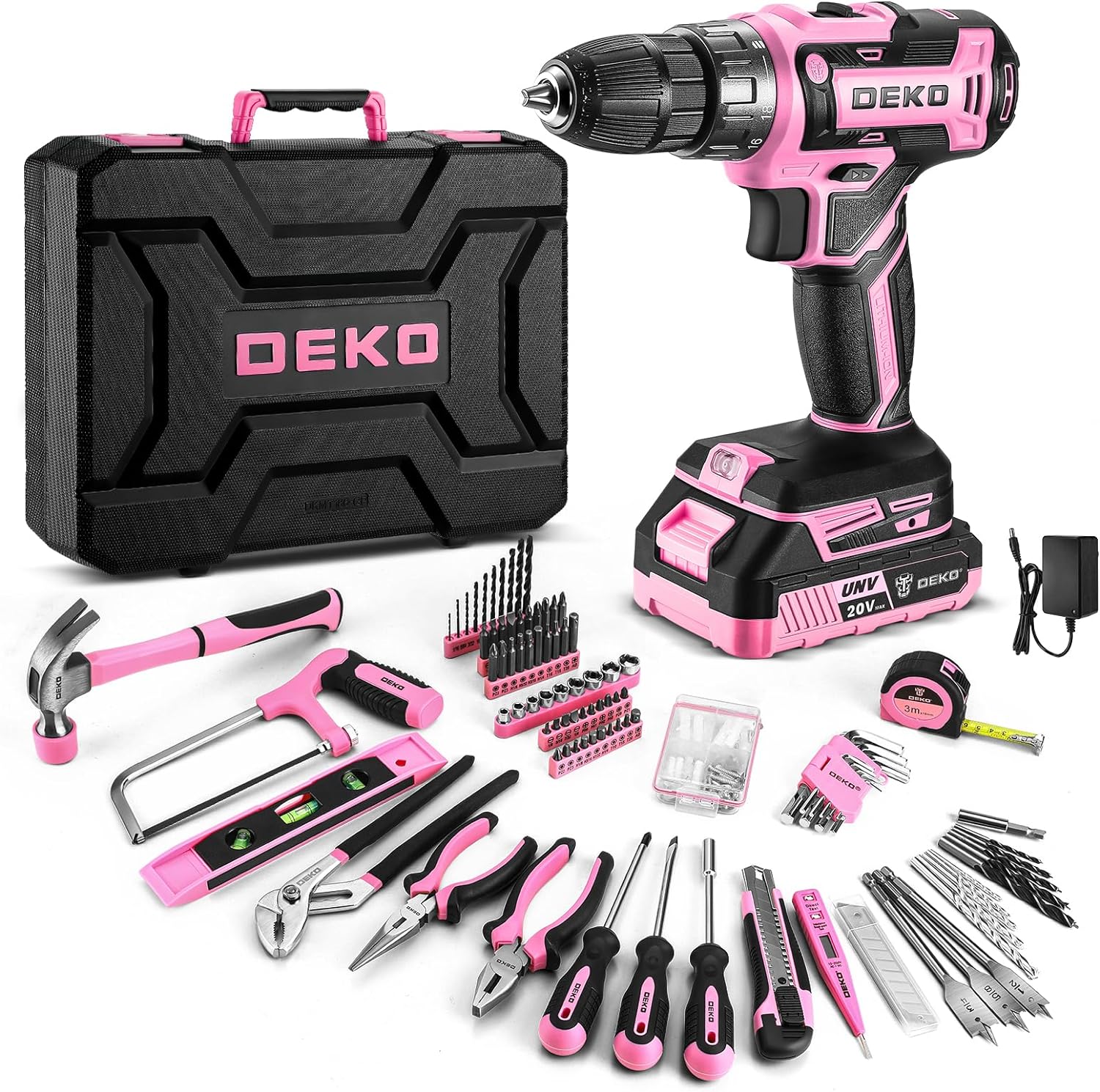 Pink Drill Tool Kit Set: 20V Cordless Power Drill Tool Box with Battery Electric Drill Driver for Men Home Hand Repair Basic Toolbox Tools Sets Drills Case