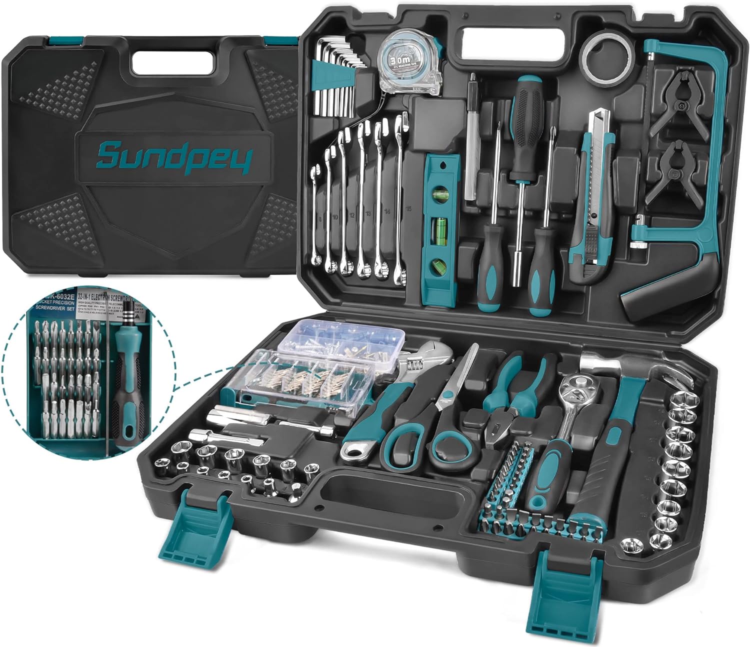 Sundpey Home Tool Kit 257-PCs - Household Basic Repair Tool Set for Men Women - General Hand Mechanic's Tool Set & Screwdriver Set & Wrench Set & Socket & Portable Tool Box Storage Case Blue