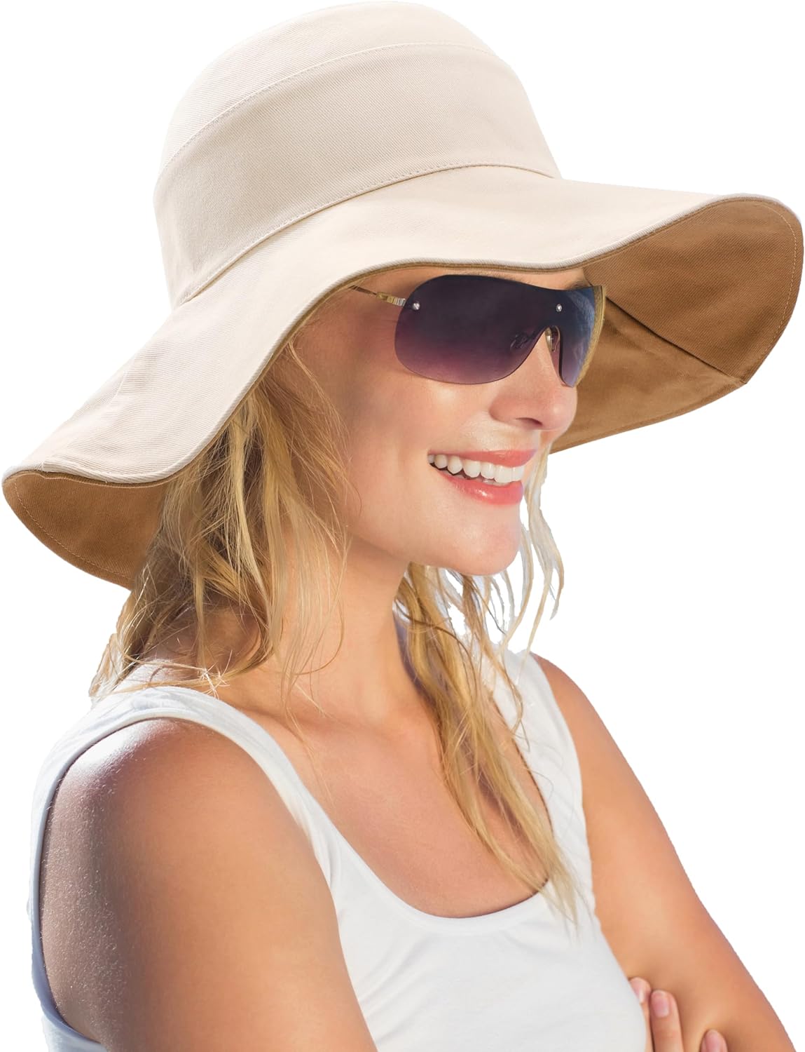 Womens Foldable Shapeable Brim Sun Hat UPF 50+ Cotton Wide Brim Beach Adjustable Chin Strap Hat Sun Protection Cap