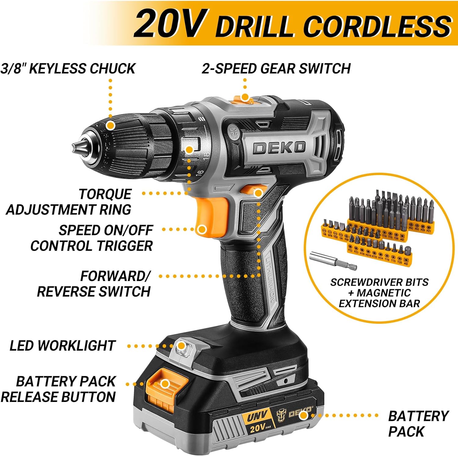 Cordless Drill Tool Kit Set: 20V Power Drill Tool Box with Battery Electric Drill Driver for Men Home Hand Repair Basic Toolbox Tools Sets Drills Case