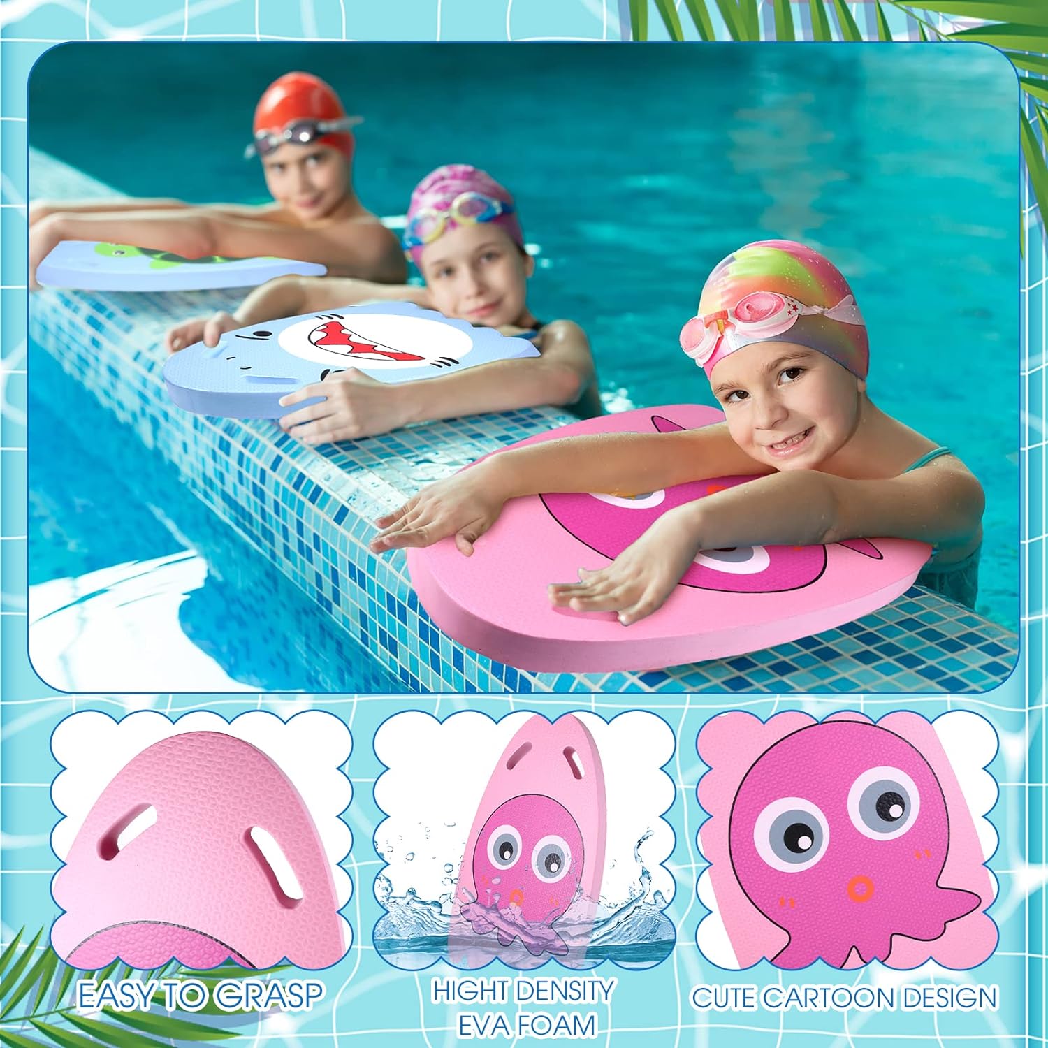 Junkin 4 Pcs Learn Swim Pool Kickboard for Kids Unicorn Bunny Fishtail Mermaid Shark Turtle Octopus Crab Kick Board for Pool Swimming Training Summer Exercise Training Fun Party Favor