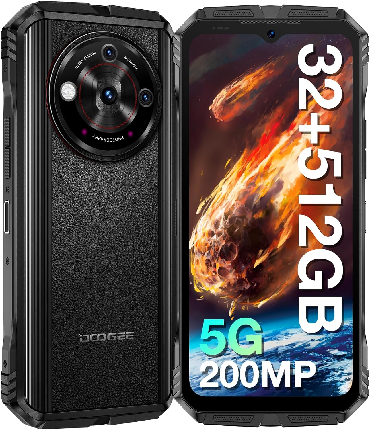 DOOGEE V30 PRO 5G Rugged Smartphone Unlocked, 32GB+512GB/2TB TF Dimensity 7050 Octa Core Waterproof Android 13 Mobile Phones, 10800mAh, 200MP Main Camera Dual Sim Cell Phone/WiFi6/OTG/NFC - Black