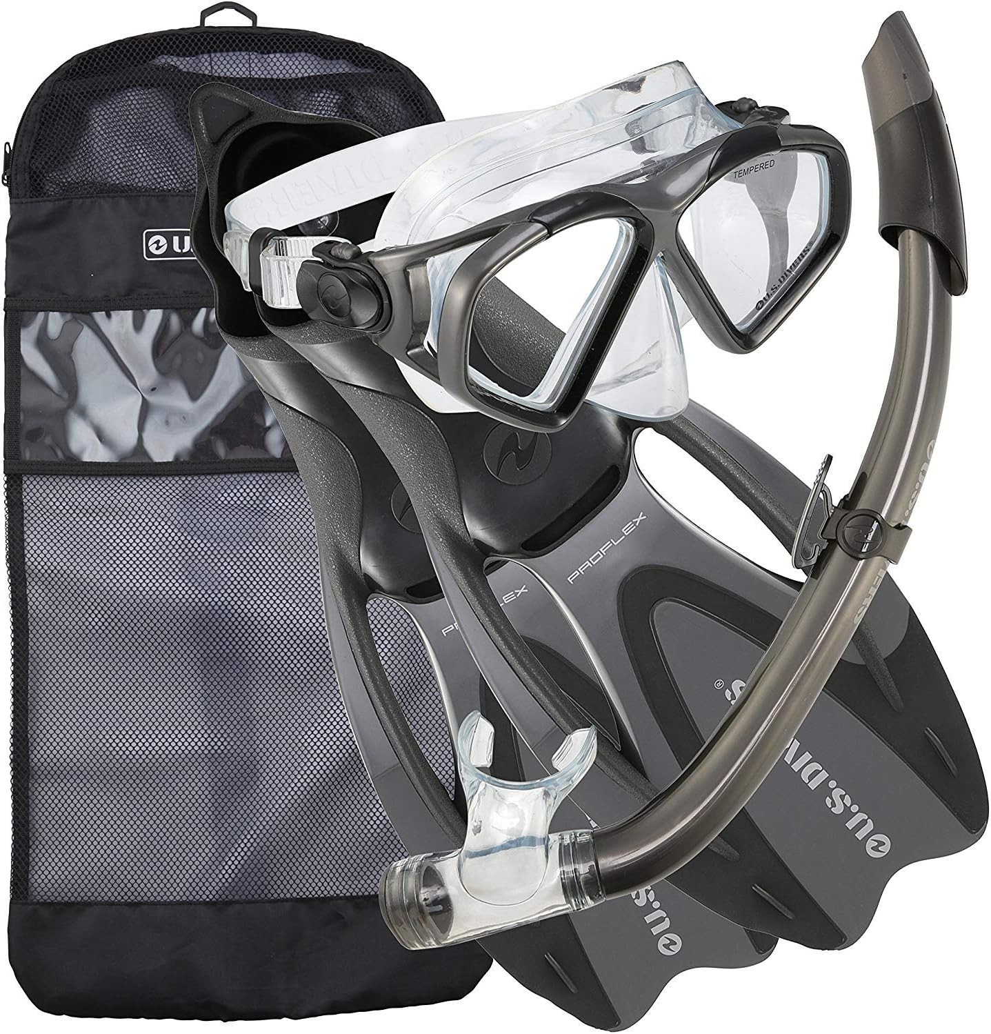 U.S. Divers Cozumel Seabreeze Adult Snorkeling Combo Set with Adjustable Mask, Snorkel, Small Fins (5-6.5), and Travel Bag, Gray