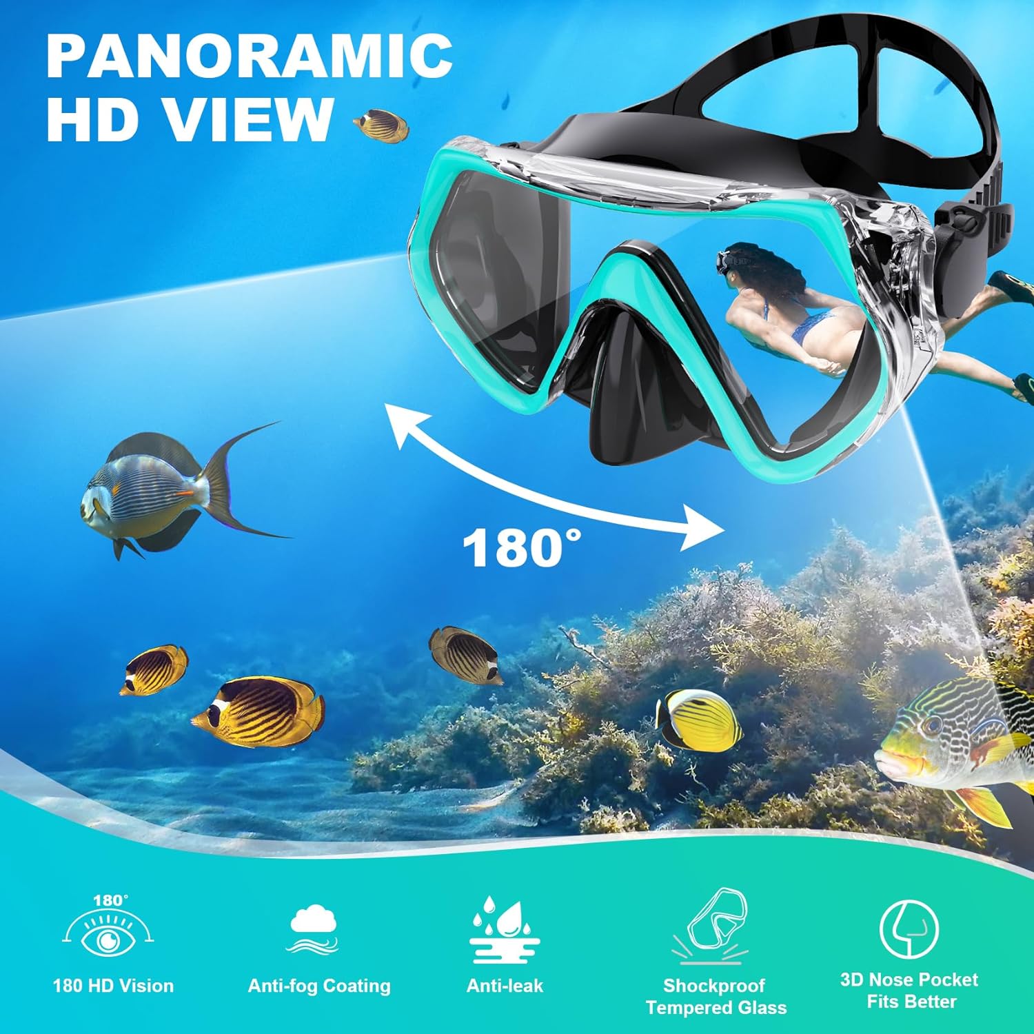 Snorkeling Gear for Adults, ZIPOUTE PRO Snorkel Mask Adult Snorkel Set, Anti-Fog Scuba Diving Mask Panoramic View Scuba Gear, Tempered Glass Snorkel Goggles Swim Masks for Adults