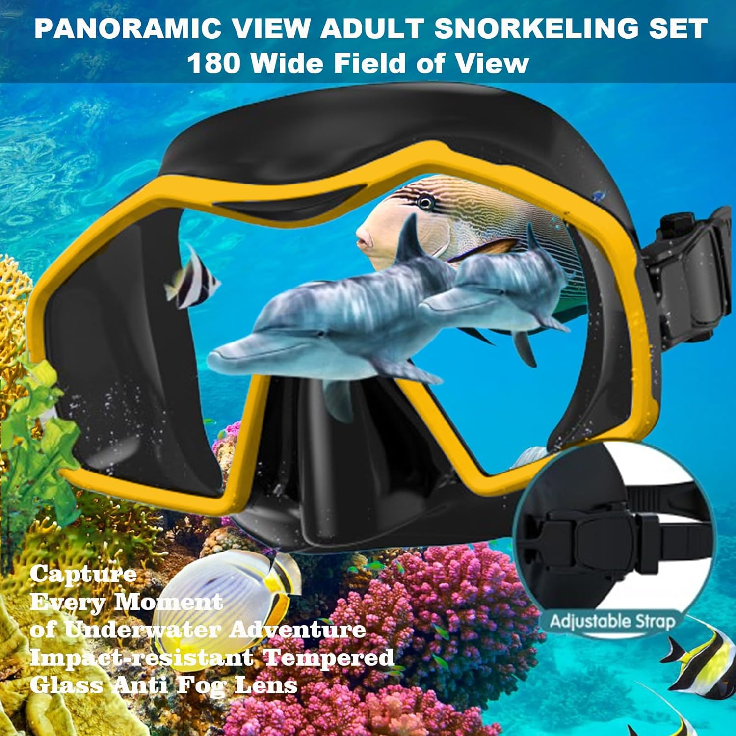 Snorkeling Gear for Adults,Mask Fins Snorkel Set,Panoramic View Diving Mask Anti-Fog,Dry Top Snorkel,Dive Flippers and Travel Bag for Swimming,Snorkeling Diving