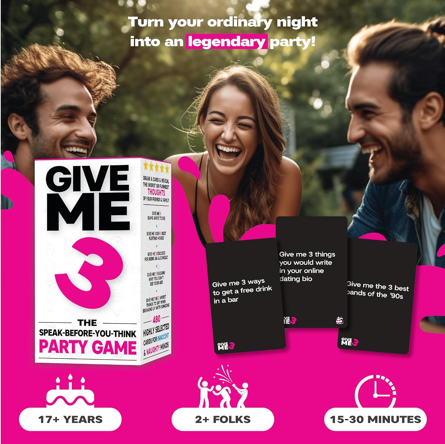 GIVE ME 3 - Fast Paced and Hilarious 10 Second Rule Adult Party Games | 2+ Players | Card Game for Adults | Travel Game | Board Game for Parties and Game Nights