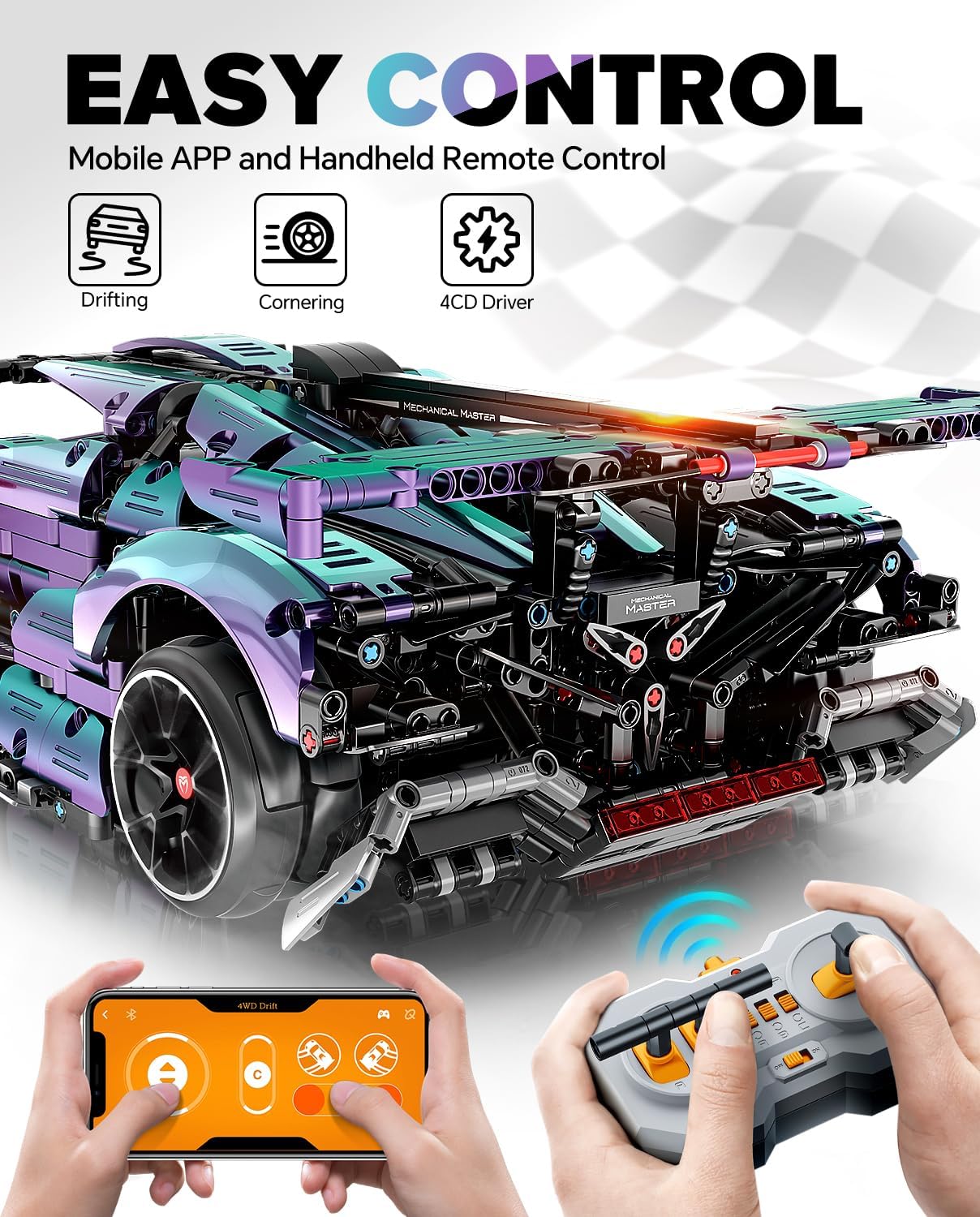 Super Plated Sports Car Building Kits, Adult Collectible Model and Race Engineering Toy Set, 1:10 Scale Electric Driftable Remote Control Sports Car for Adults Men Teens