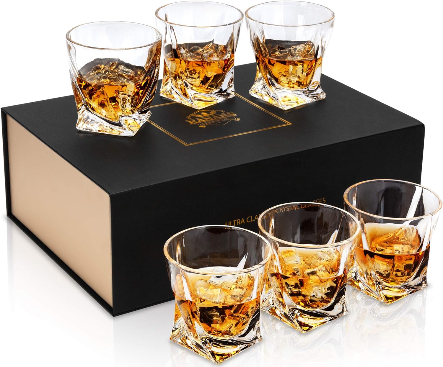 KANARS Crystal Whiskey Glass - Set of 6 Rocks Glasses 10 Oz in Luxury Box - Lowball Bar Tumblers for Scotch Cocktail Irish Whisky Cognac Rum - Christmas Gifts for Men Dad - Ultra Clear