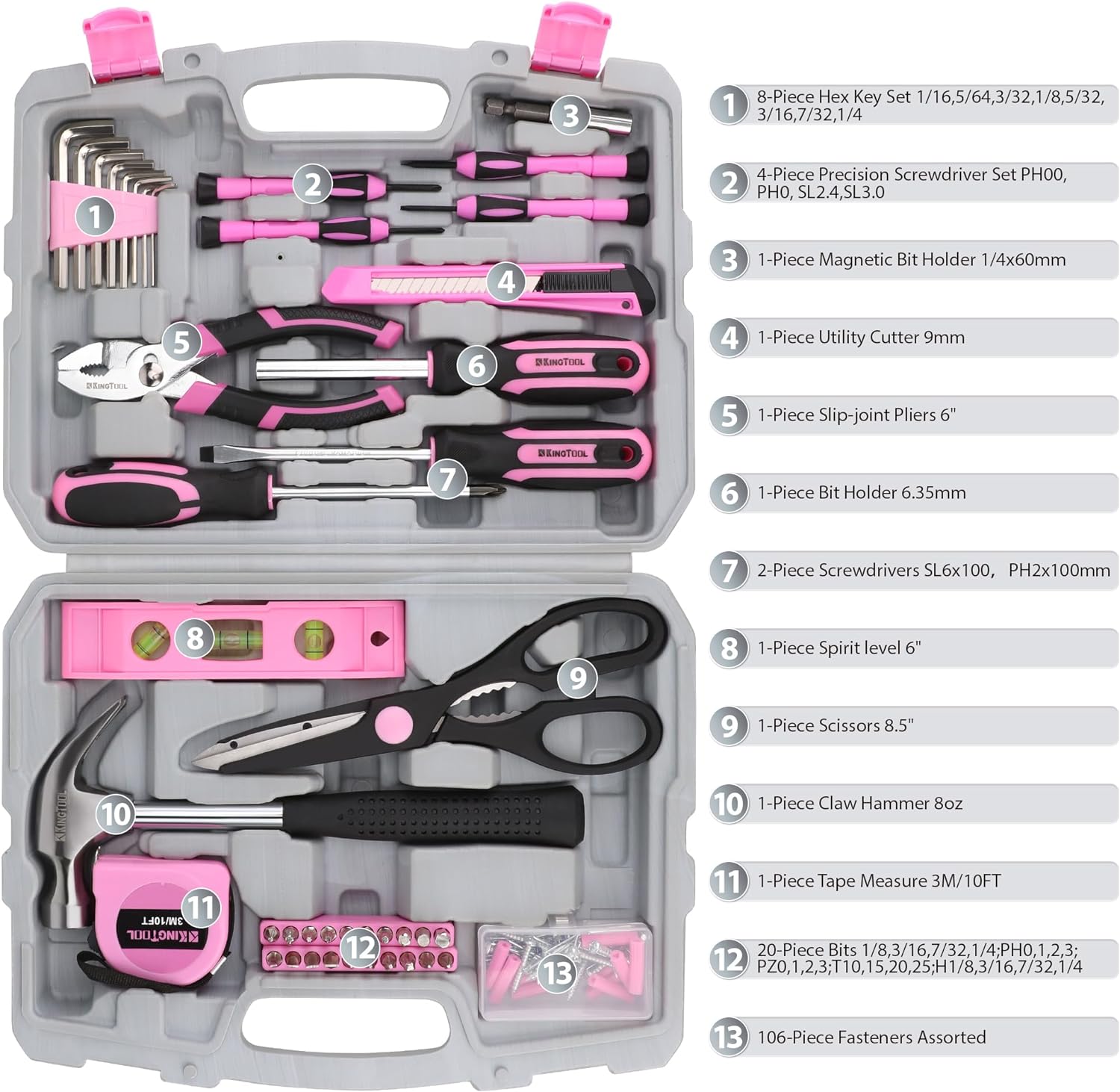 KingTool 149-Piece Pink Tool Kit - Basic Home Repair Tool Set, Small Tool Kit with Plastic Toolbox, Perfect for Women, Office & College Repairs