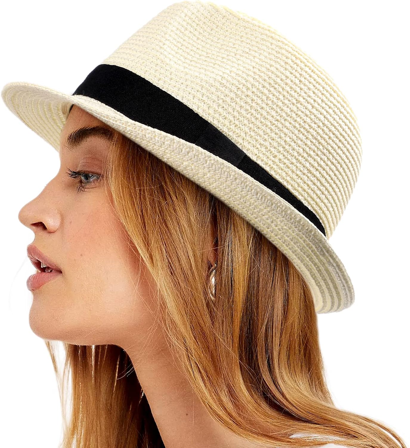 Womens Straw Hat Short Brim Panama Fedora Beach Sun Trilby Hat for Vacation Gentlemen Roll Up Summer Hat, beige White