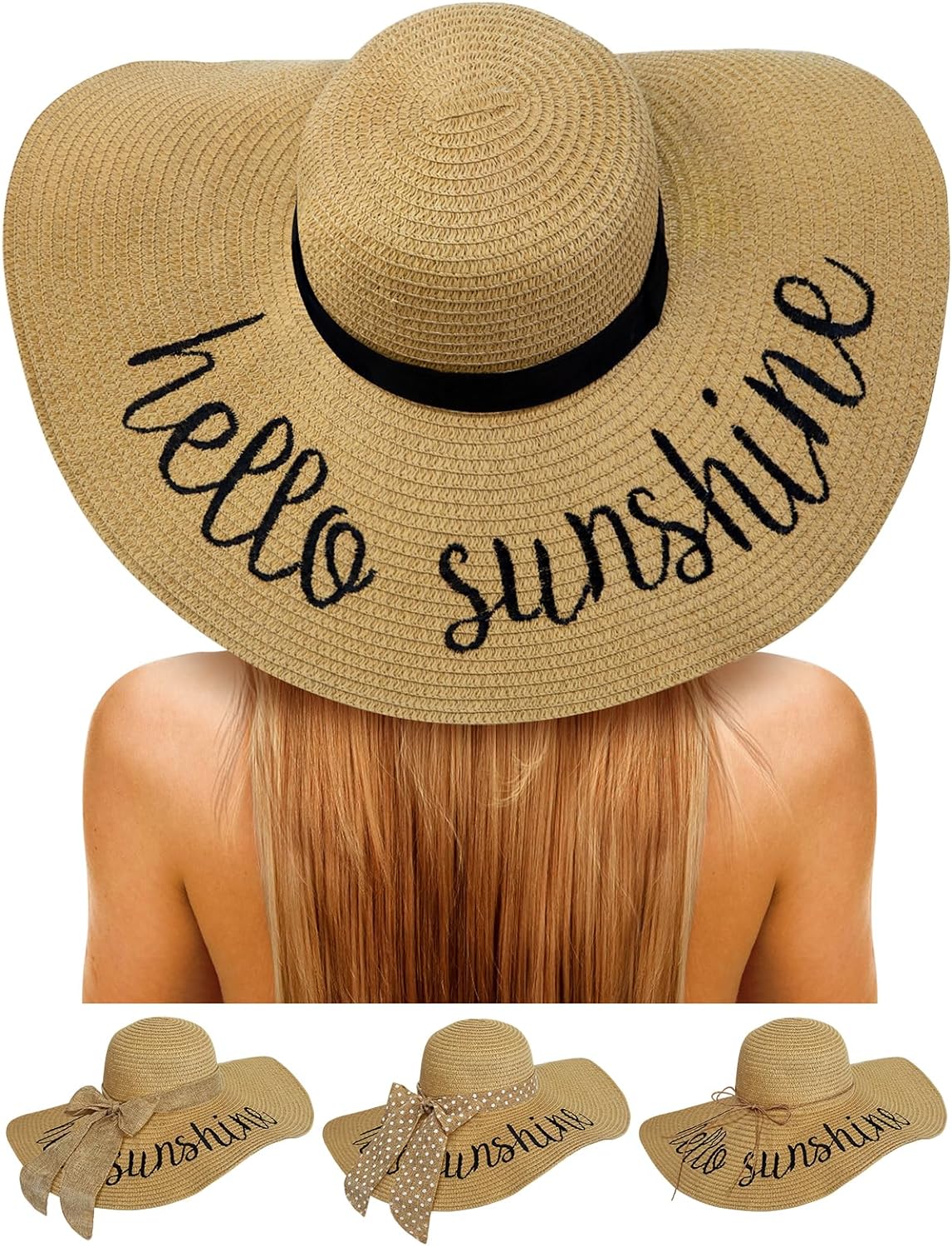 Beach Hats for Women - Foldable Straw Hat Embroidered Wide Brim Floppy Sun Hat UPF 50+, Honeymoon, Travel, Cruise