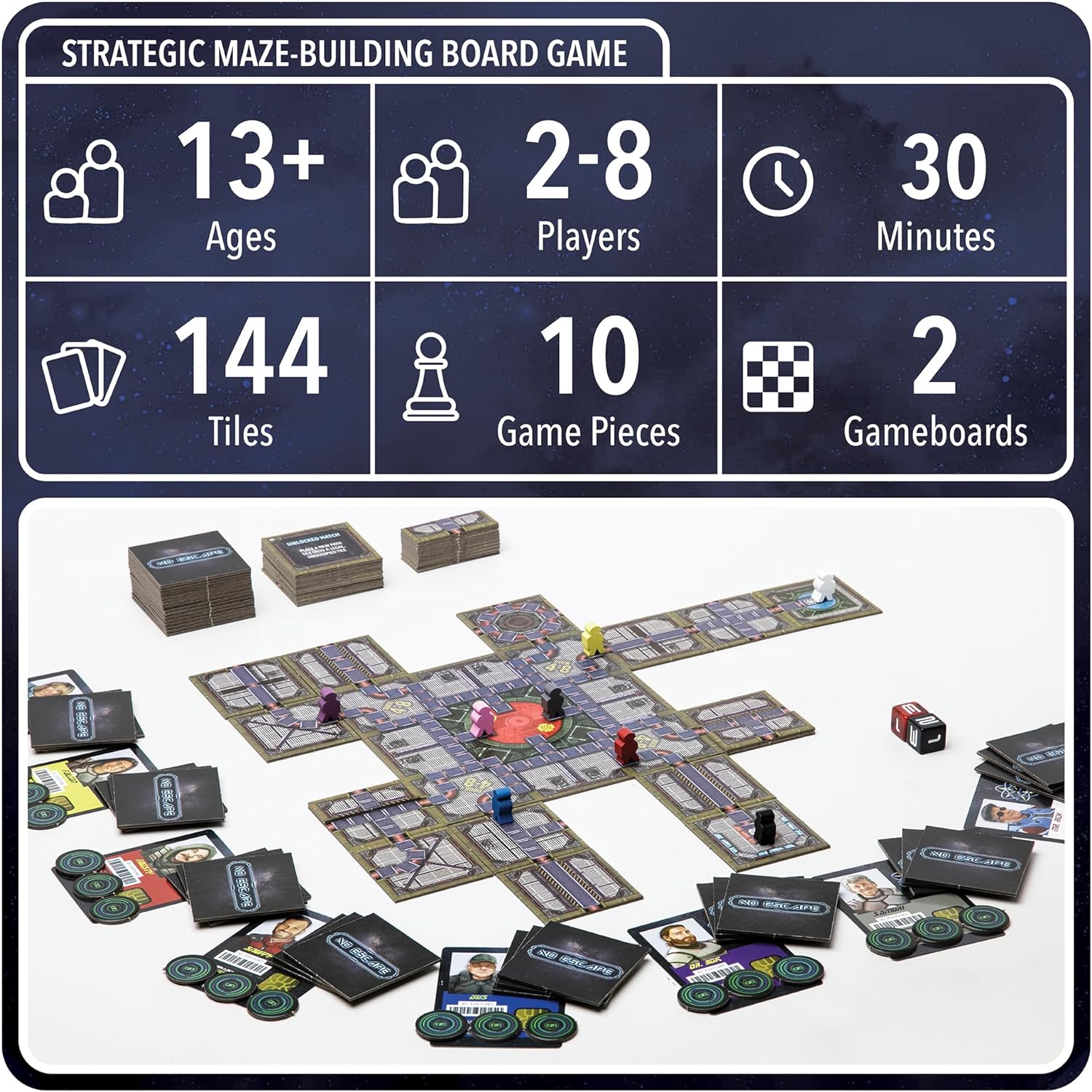 No Escape: Strategic Maze-Building Board Game - Space Station Escape Adventure, Family & Friends Tile Placement Game, Ages 10+, 2-8 Players, Easy Setup