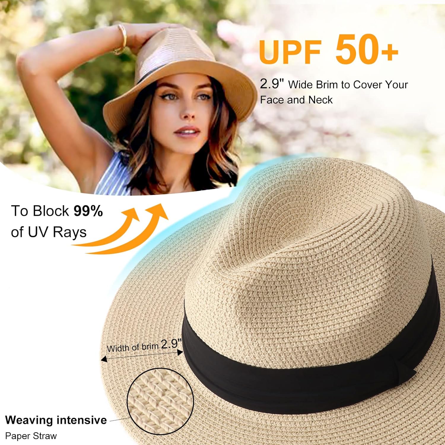 DRESHOW Women Straw Panama Hat Travel Fedora Beach Sun Hat Summer Wide Brim Straw Roll up Hat UPF 50+