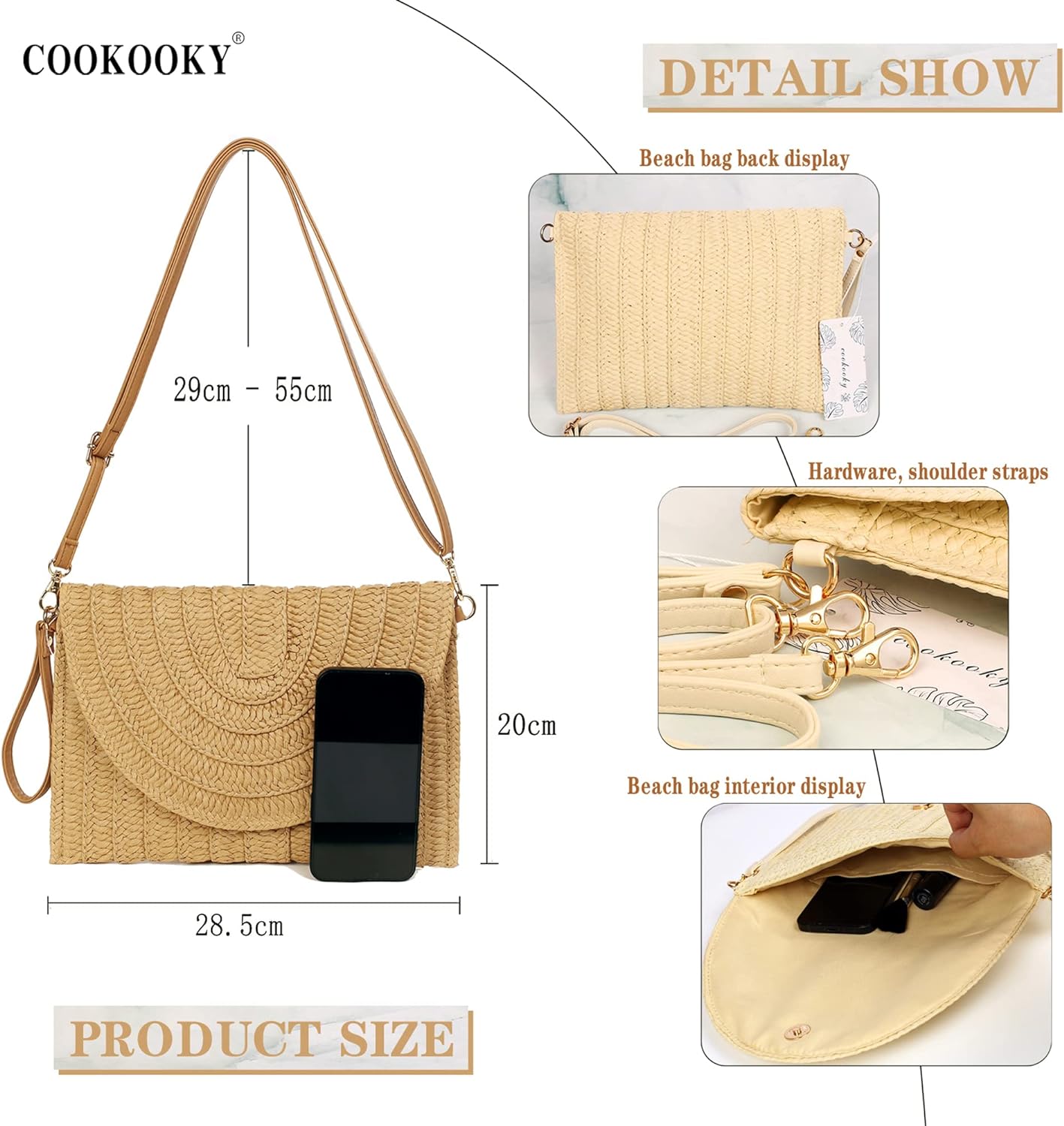 COOKOOKY Straw Clutch Handbag Summer Beach Straw Purse for Women woven Envelope Bag