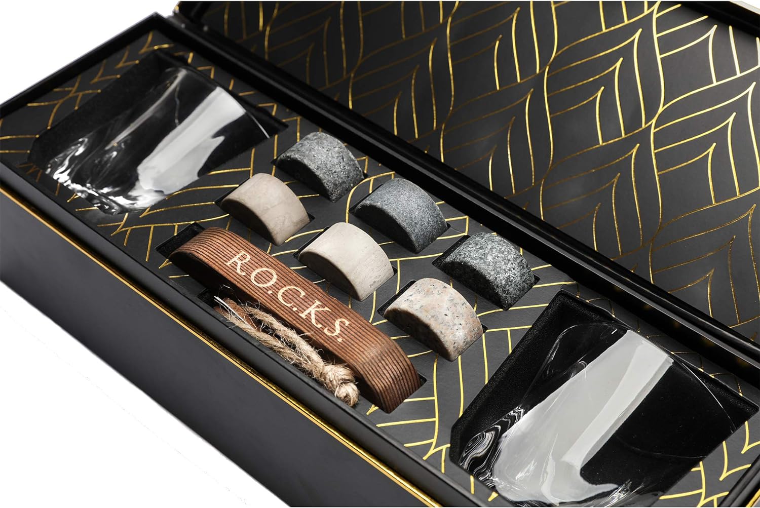 Whiskey Chilling Stones Gift Set - 6 Handcrafted Premium Granite Round Sipping Rocks - 2 Crystal Superior Glasses - Hardwood Presentation & Storage Tray - Elegant Gold Foil Gift Box by R.O.C.K.S.