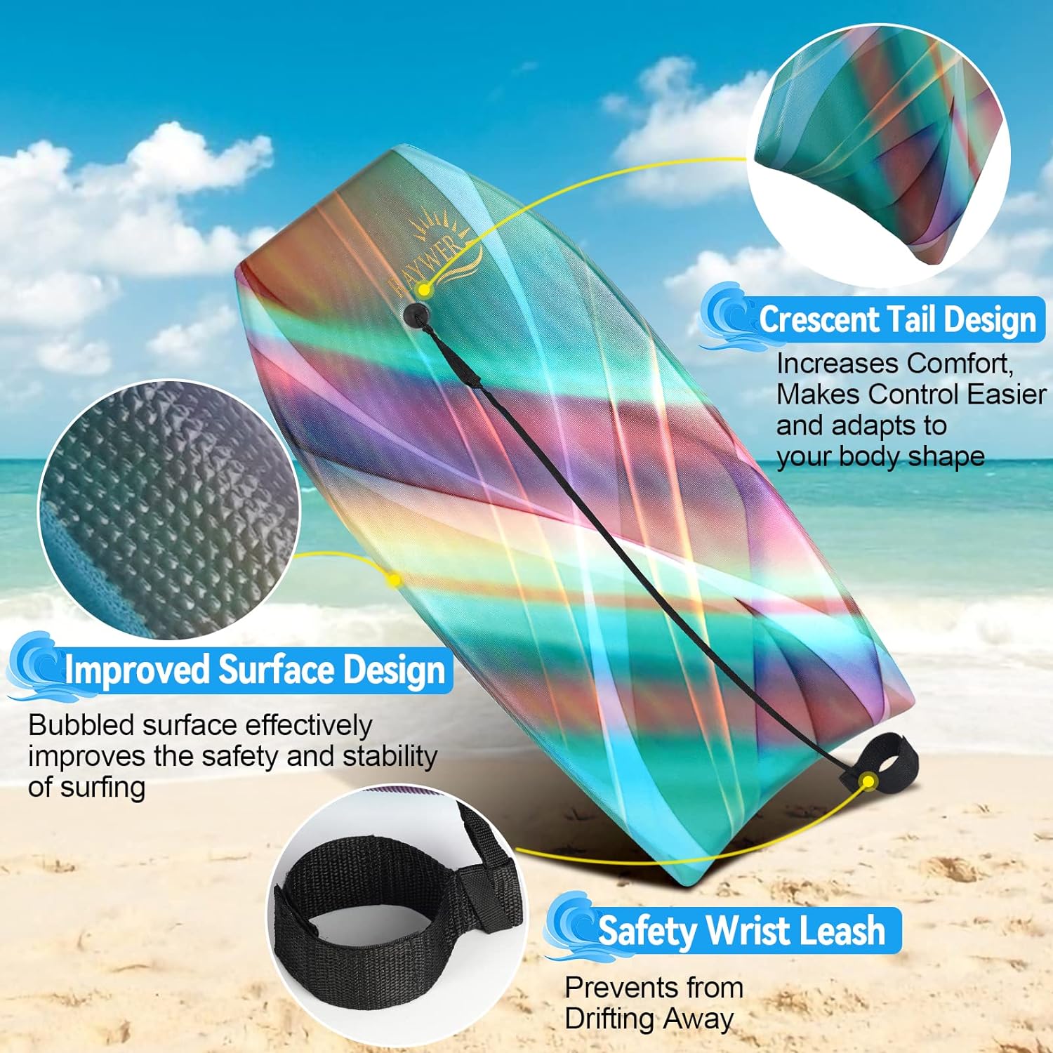 Body Board Lightweight with EPS Core, HDPE Slick Bottom, Leash & Adjustable Wrist Rope, Great Surfing for Kids and Adults