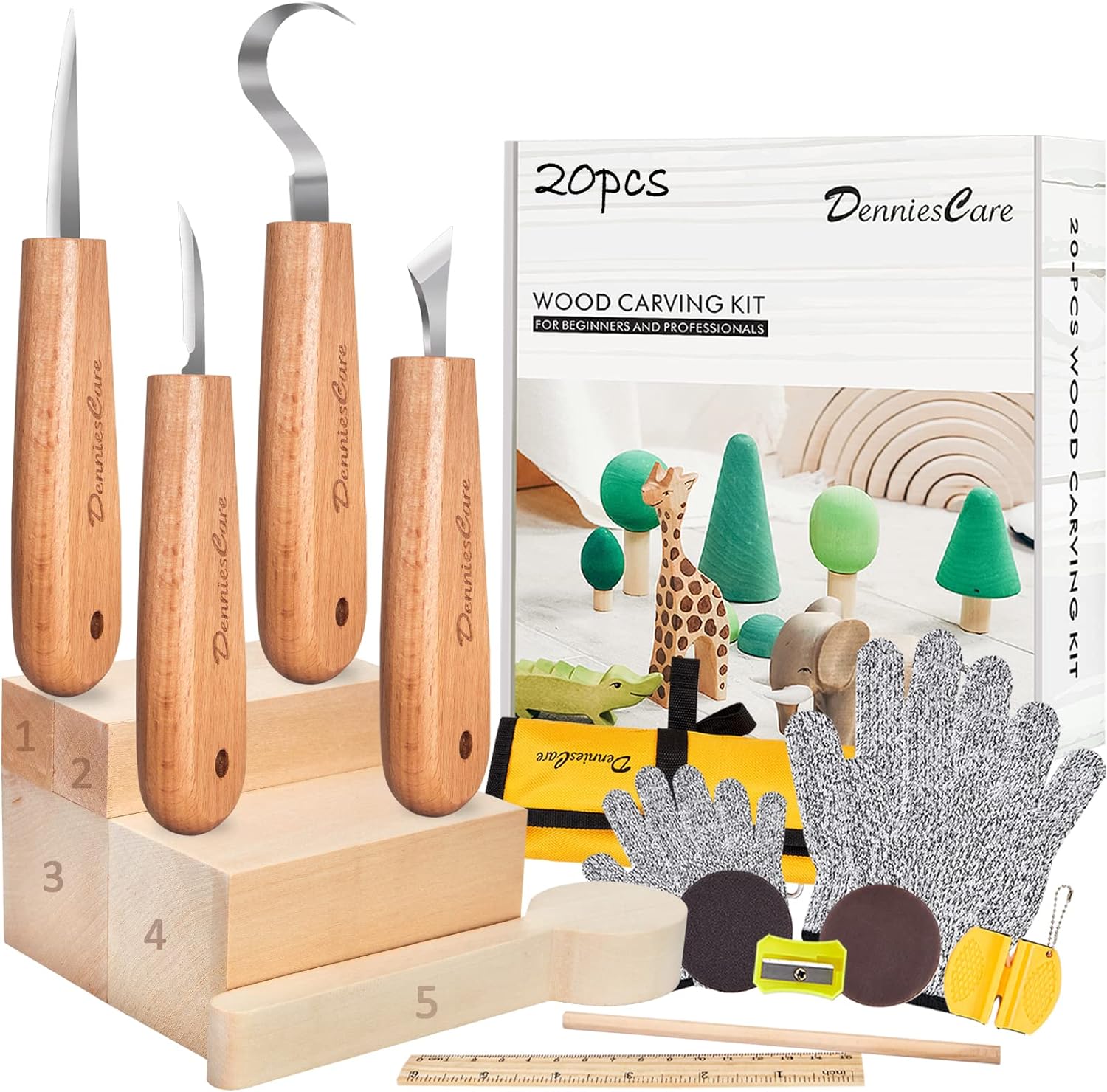 DenniesCare Wood Carving Kit Wood Whittling Kit for Beginners 20pcs Wood Carving Tools with 4pcs Carving Knife, Basswood Wood Blocks, Gloves, Storage Bag, Frosted Sponge, Gifts Set for Kids