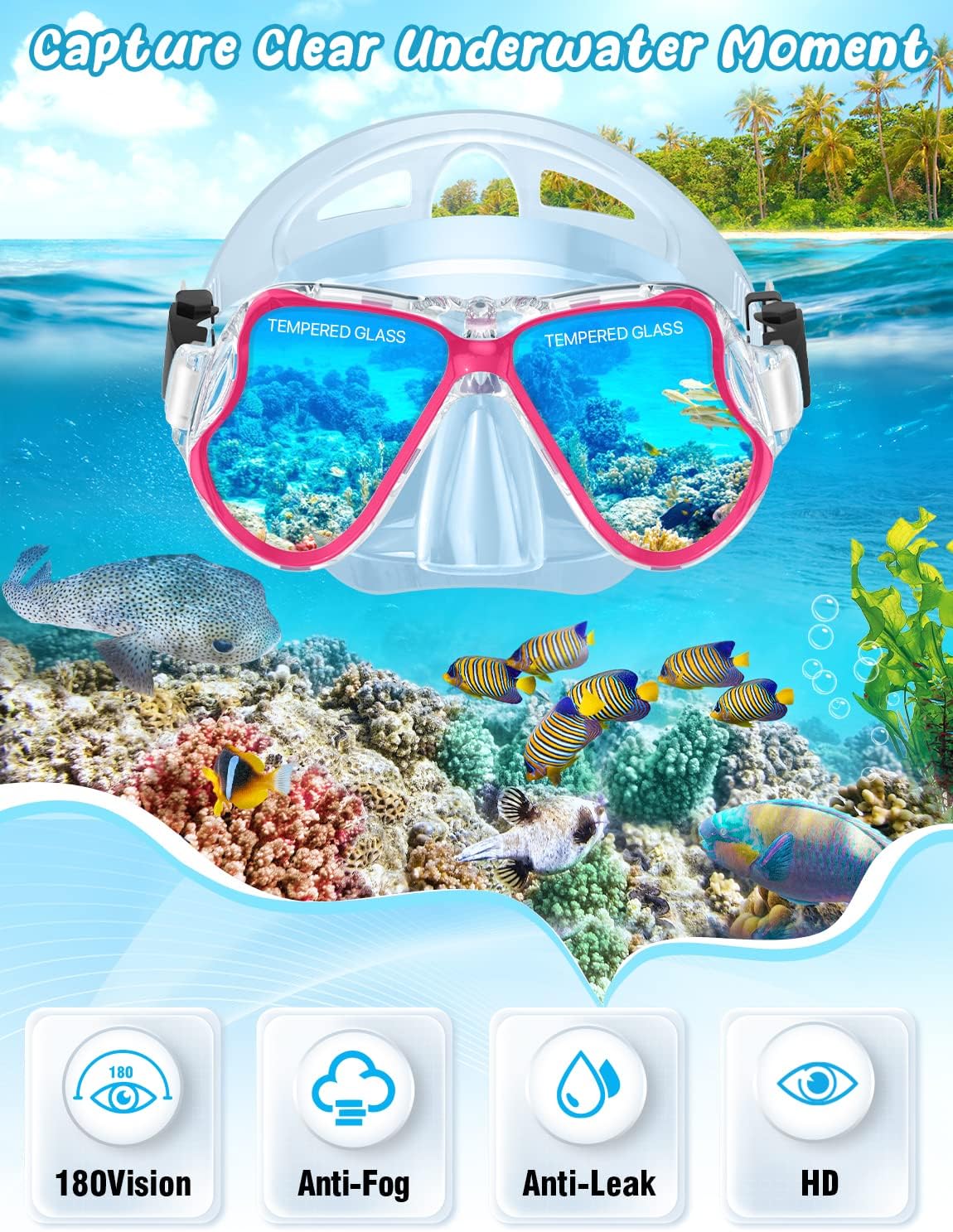 Zenoplige Mask Fins Snorkel Set, Snorkeling Gear for Adults, Panoramic View Snorkel Mask Anti-Fog, Adjustable Dive Flippers, Dry Top Snorkel and Travel Bag, Scuba Gear for Swimming Snorkeling Diving