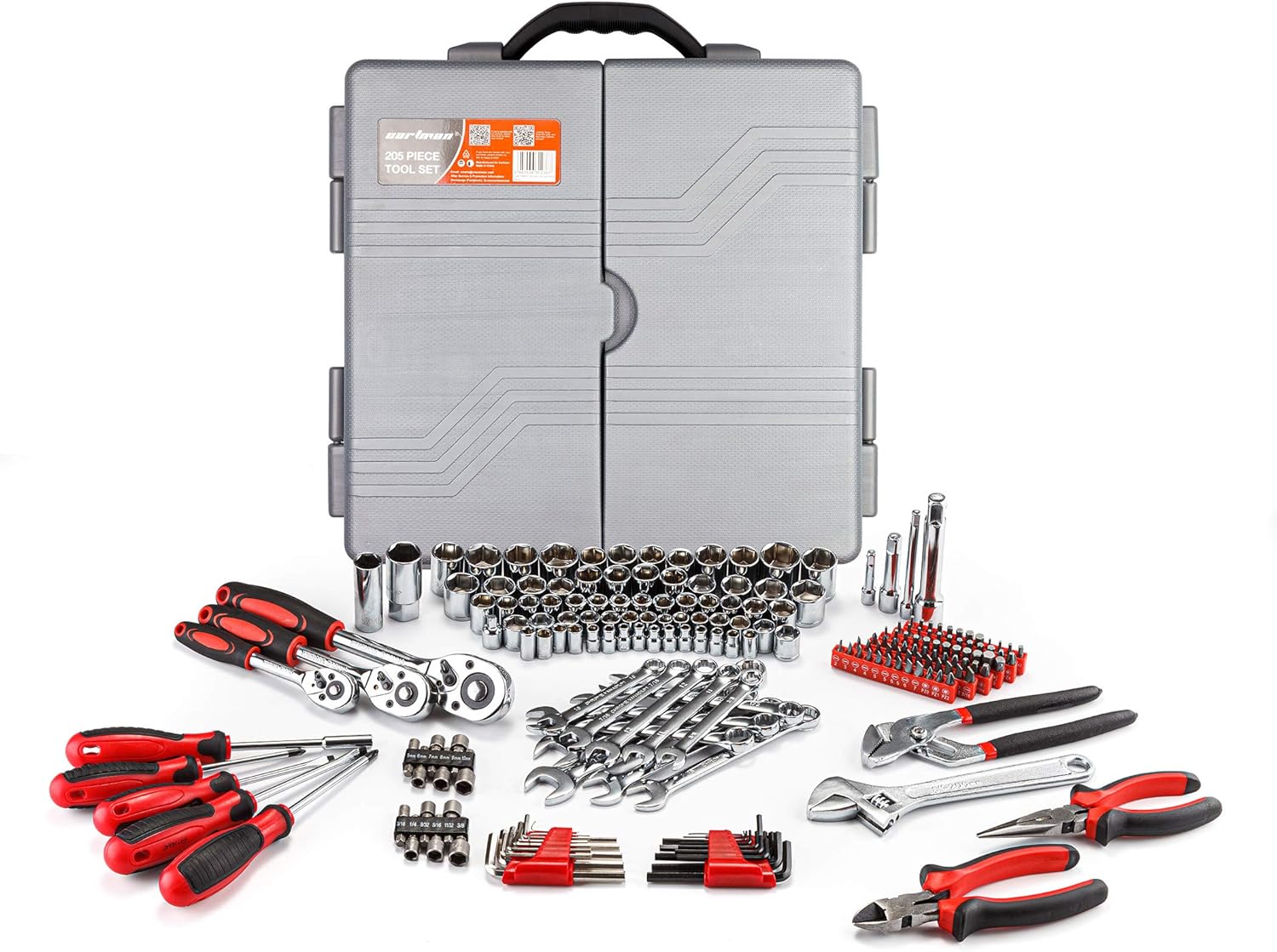 CARTMAN 205 Piece Ratchet Wrench Tool Set,1/4" & 3/8" & 1/2" Drive with SAE/Metric Sockets Kit in Plastic Toolbox