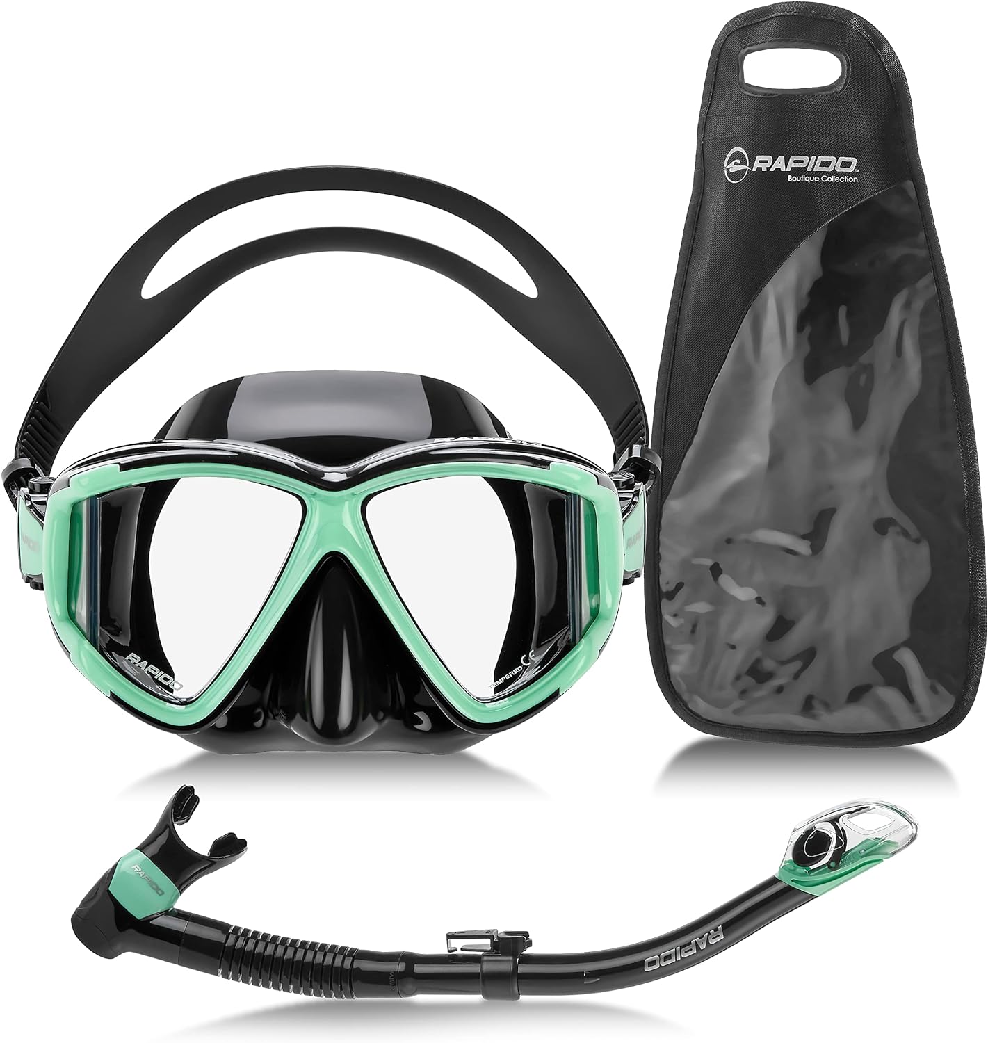 Italian Design Panto-180 Premium Tempered Glass Lens Anti-Fog Panoramic Side-View Snorkel Mask, Superior Dry Snorkel Tube, Quick Adjust Fins, Snorkeling Gear for Adults Snorkel Set