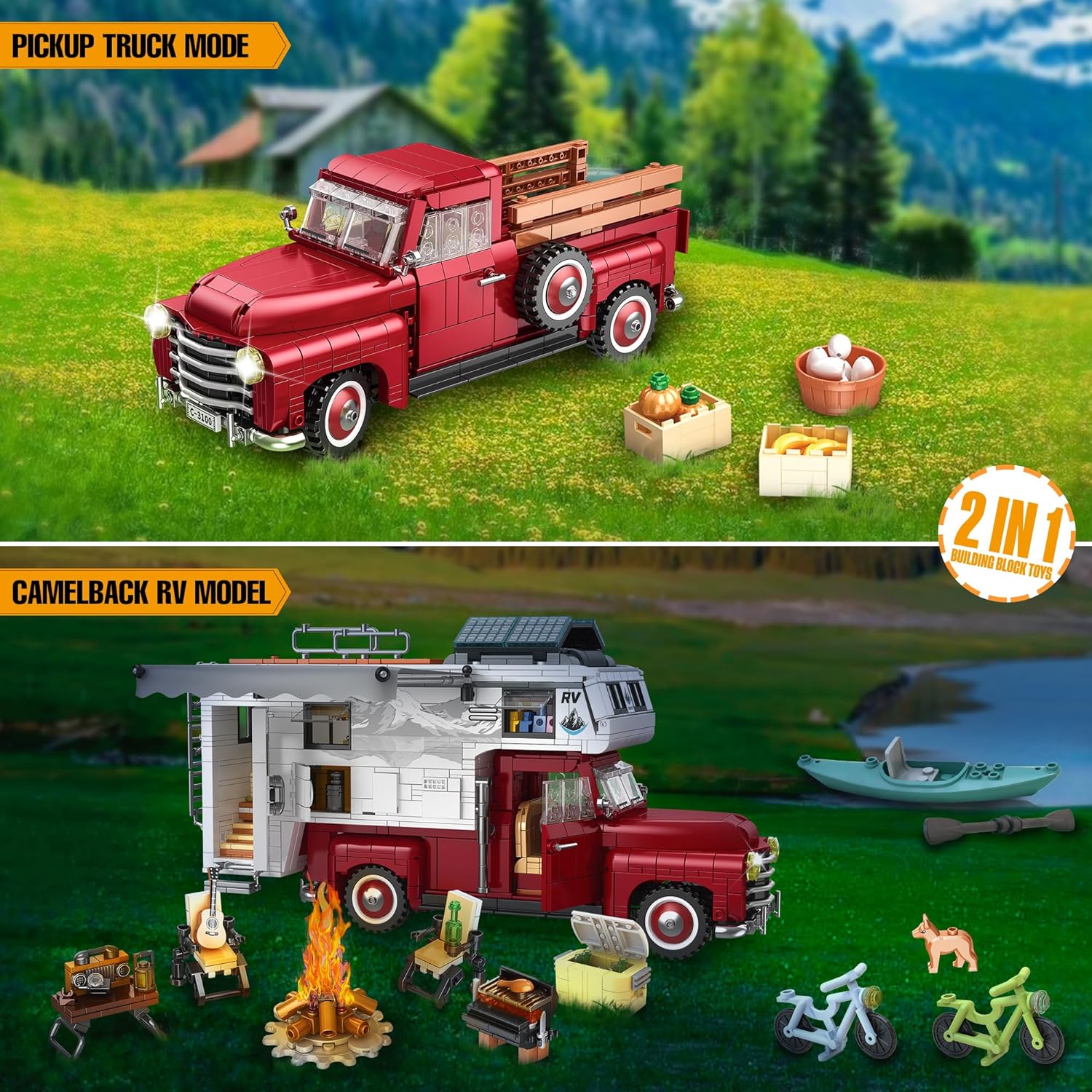 Car Building Block, 2-in-1 Camper Van Building and Farm Pickup Truck Building Set Toy forAdult and Teens, Retro Rvs Building Block Kit Set, 2188pcs