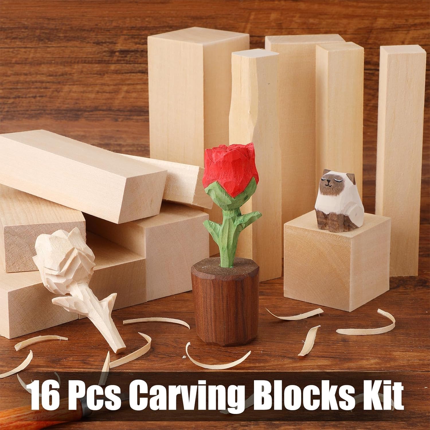 16 Pcs Basswood Carving Blocks Whittling Wood Carving Blocks Unfinished Wood Carving Kit with 5 Different Sizes Wood Blocks Bass Wood for Wood Carving DIY Crafting for Kids Beginner Experts