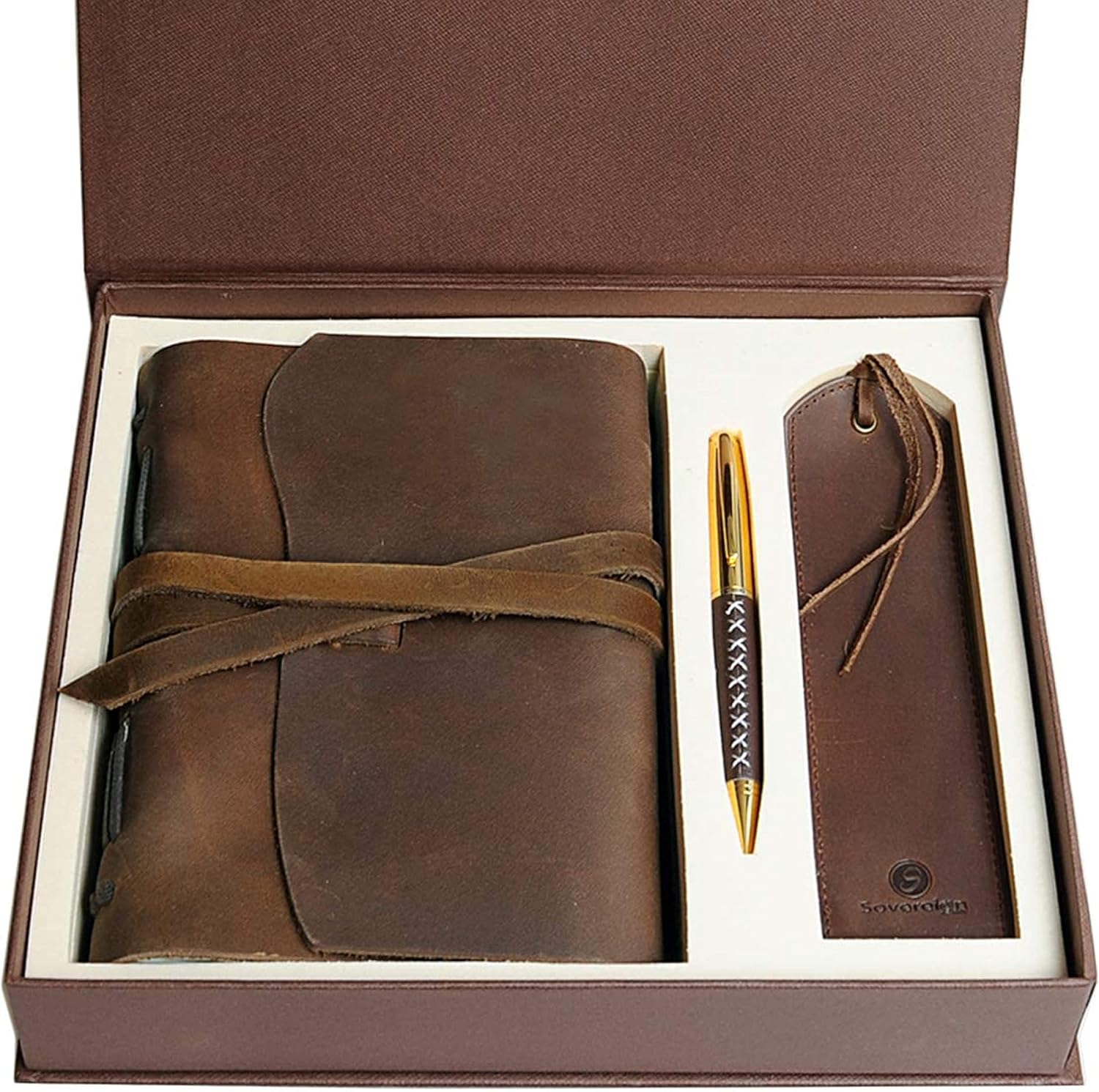 Leather Journal Gift Set with Antique Leather Bookmark + Pen, Handmade Writing Notebook 7x5 Inches Unlined Leather Bound Daily Notepad for Men for Women, Luxury Gift Box Diary for All Ages