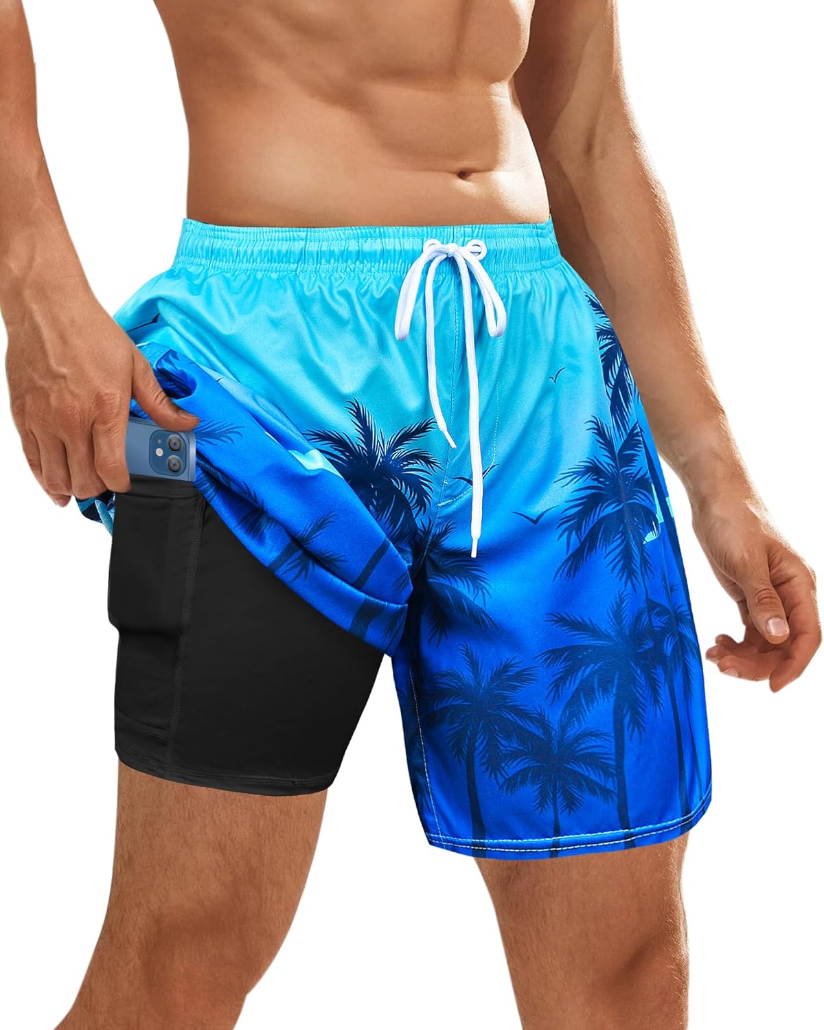 Men's Swim Trunks with Compression Liner Board Beach Shorts Quick Dry Swim Shorts Bathing Suits with Zipper Pock