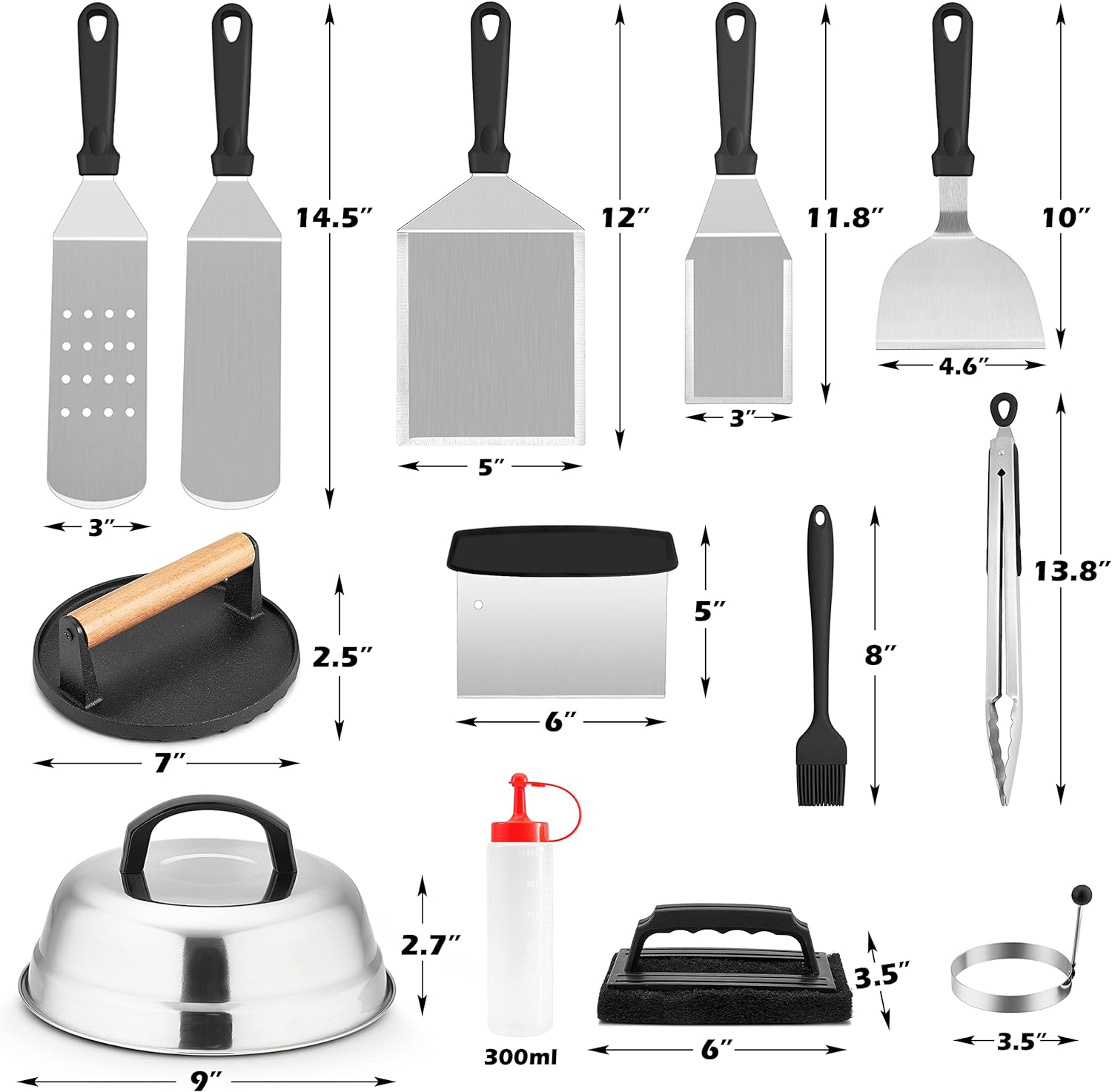 HaSteeL Griddle Accessories Kit of 18, Teppanyaki Tools for Flat Top Cooking Grilling Camping, Stainless Steel Melting Dome, Metal spatulas, Bacon Press for Outdoor BBQ, Heavy Duty & Dishwasher Safe