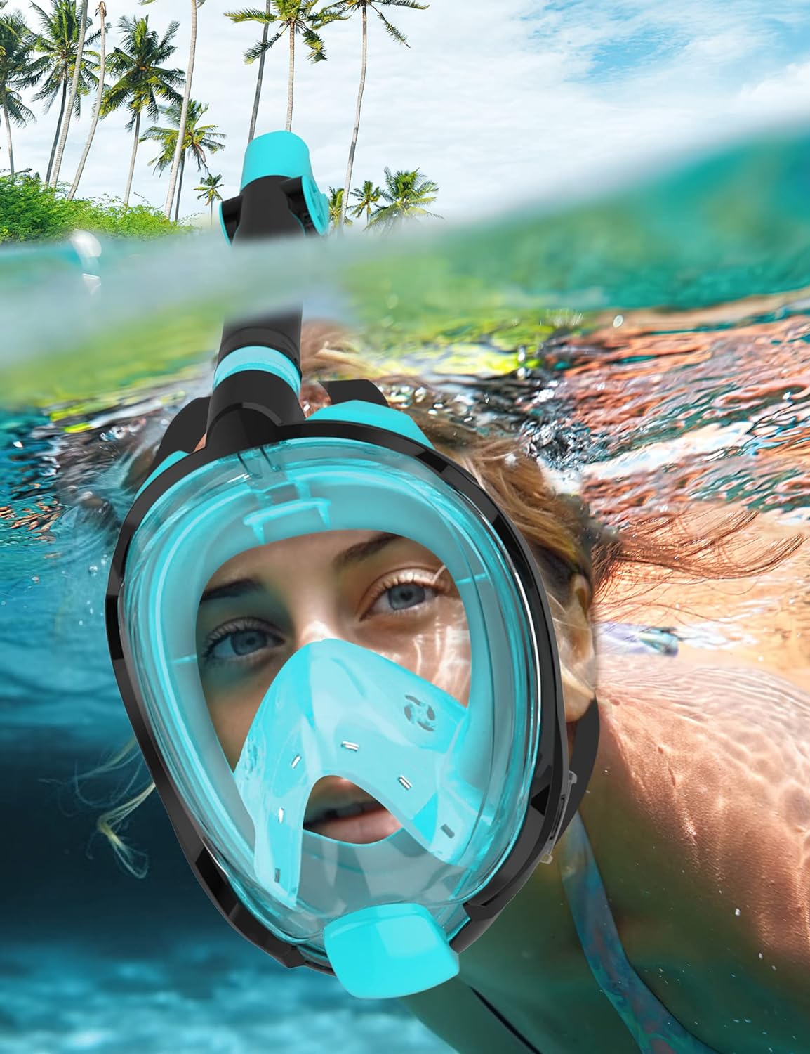 W WSTOO Full Face Snorkel Mask,Snorkeling Gear for Adults to Breathe Through Mouth or Nose,180 Degree Panoramic View,Anti-Fog Anti-Leak with Camera Mount,Best Gift for Summer Holiday Travelers